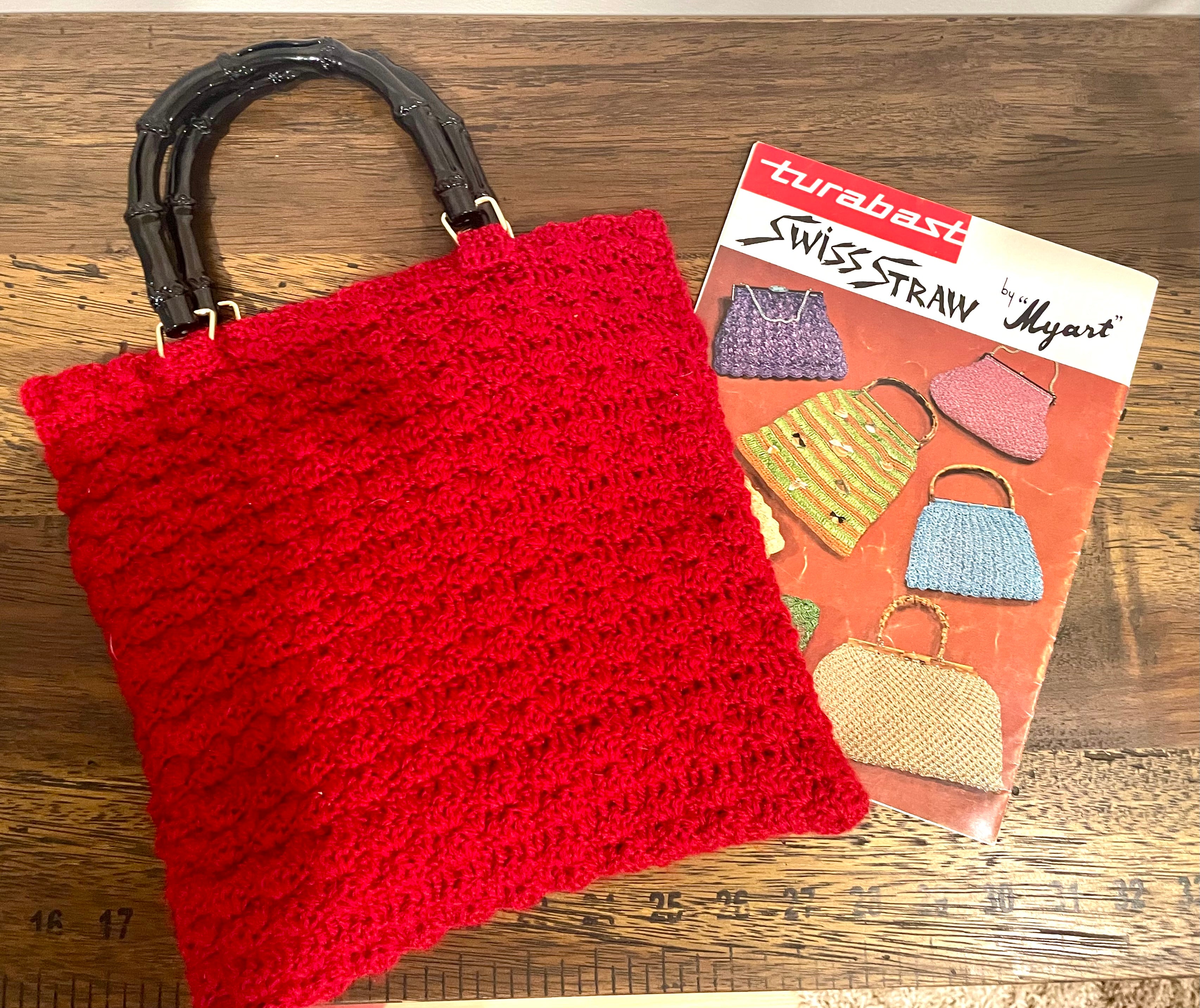 Red Crochet Handbag, 1950s Pattern, Bamboo Handles