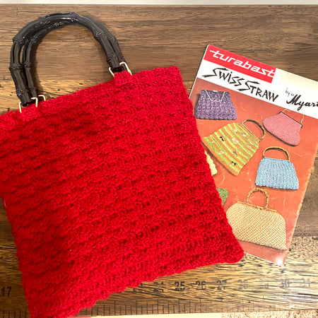 Red Crochet Granny Bag, Vintage Bamboo Style Handles