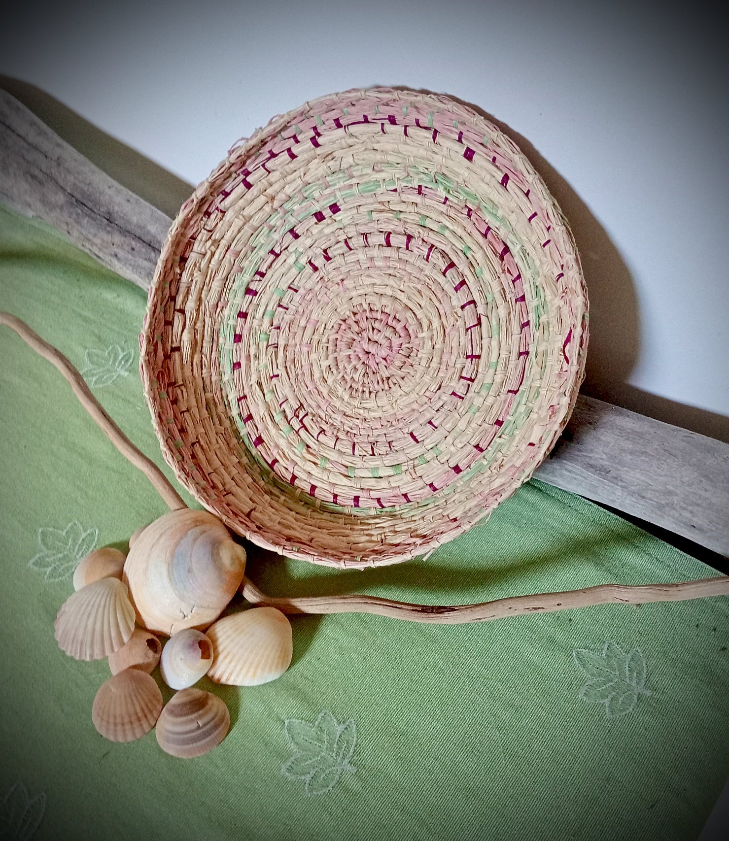 Woven tray basket with soft green and pink