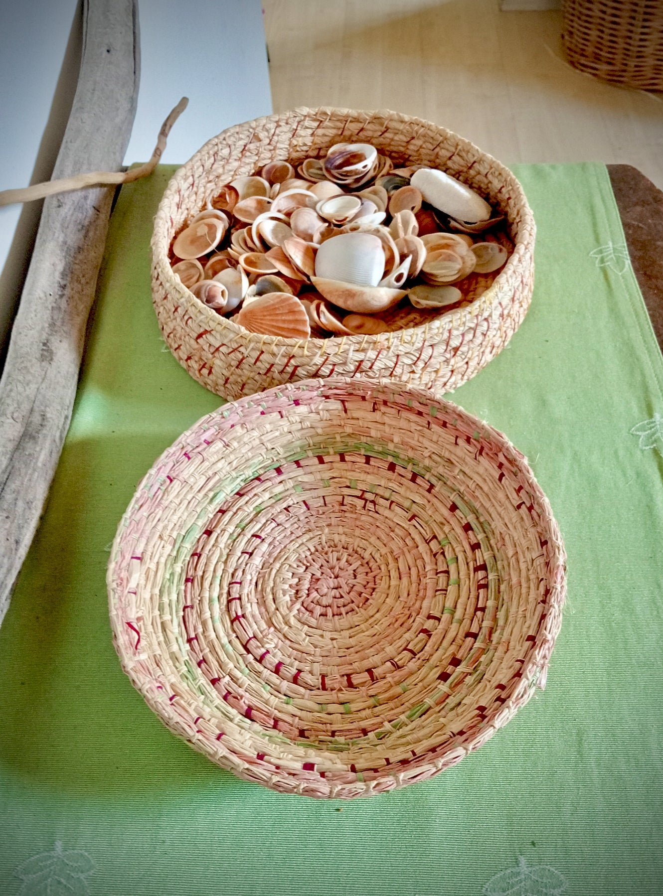 Woven tray basket with soft green and pink