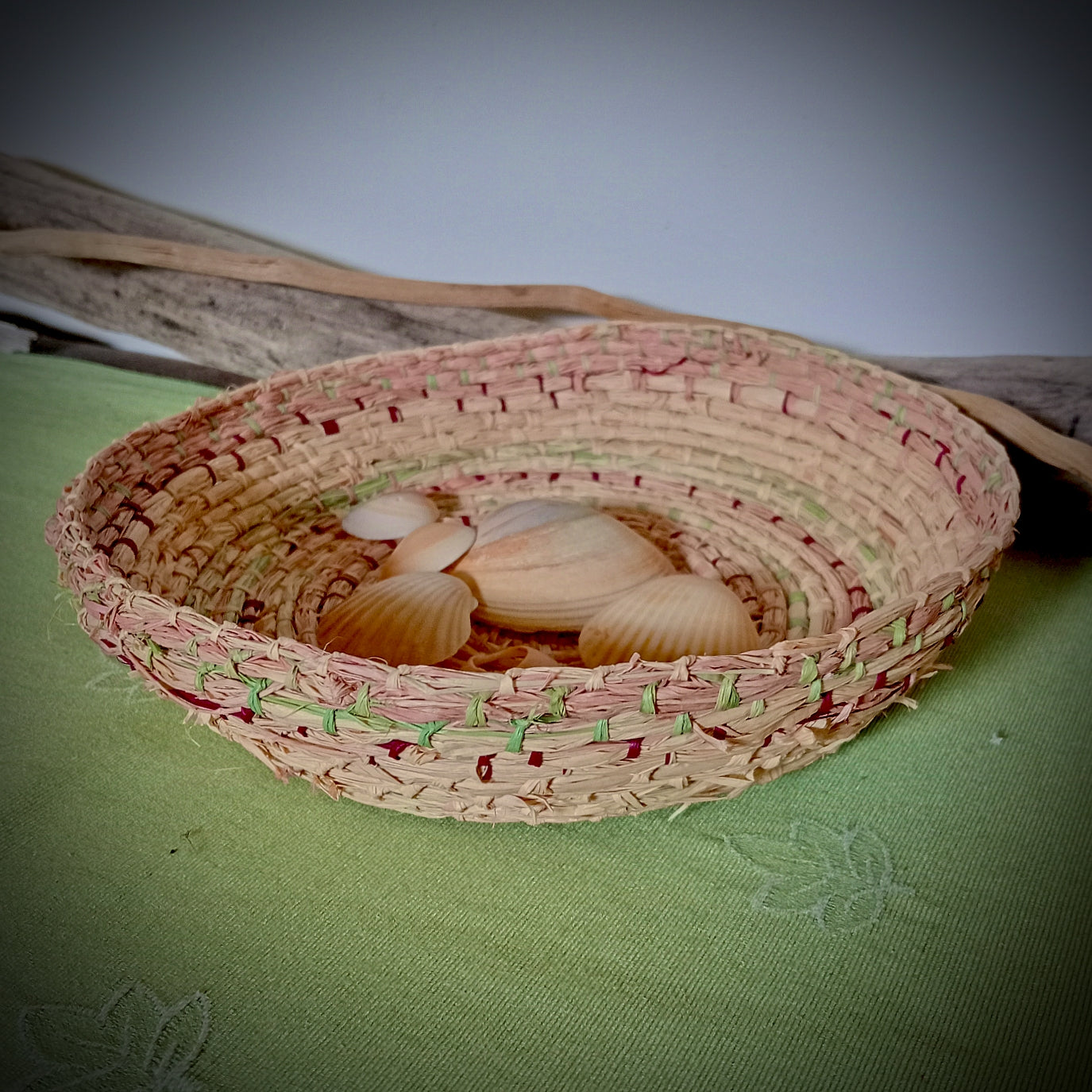 Woven tray basket with soft green and pink