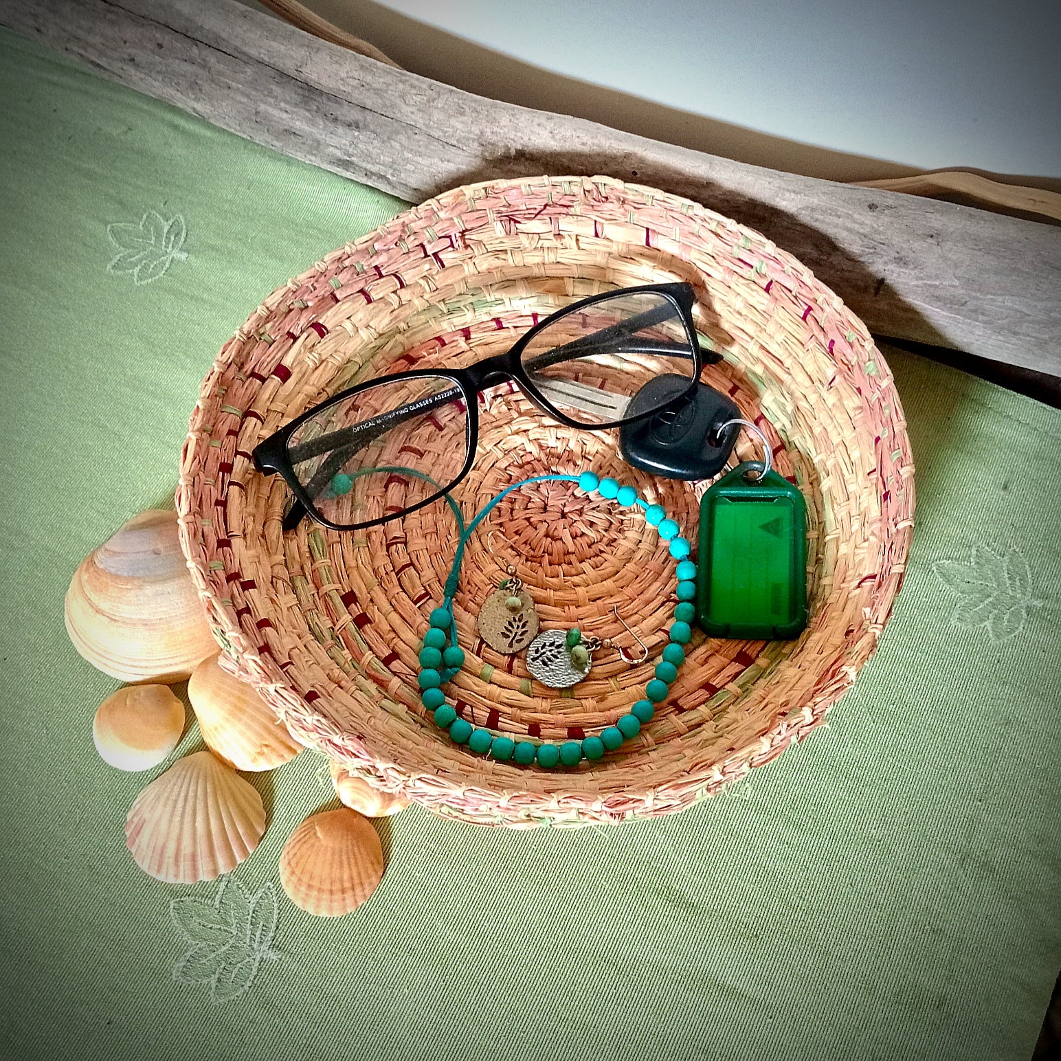 Woven tray basket with soft green and pink