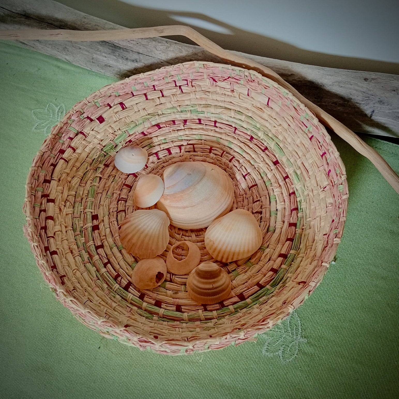 Woven tray basket with soft green and pink