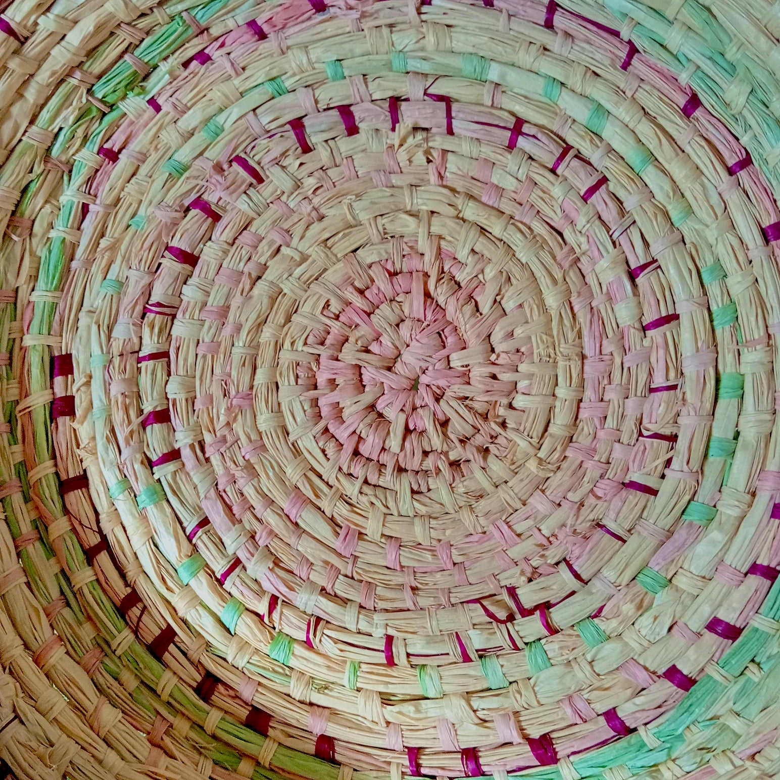 Woven tray basket with soft green and pink