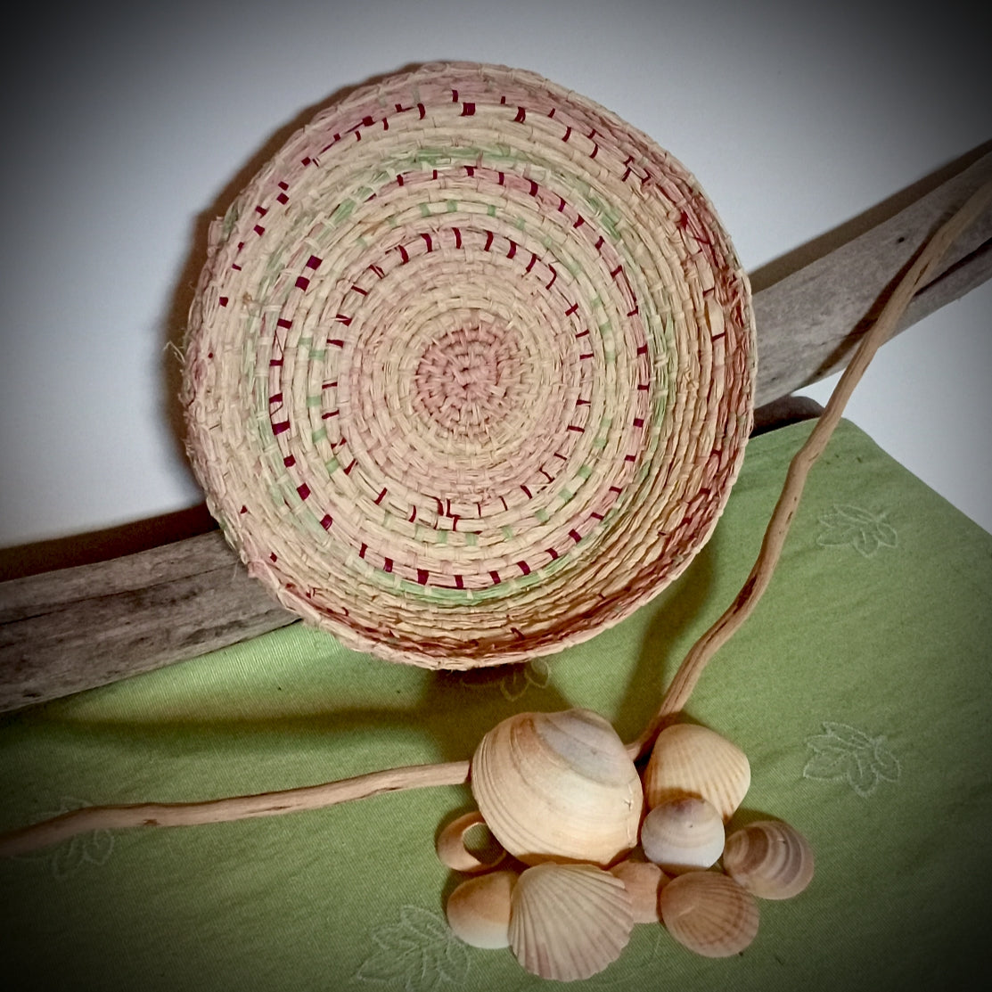 Woven tray basket with soft green and pink