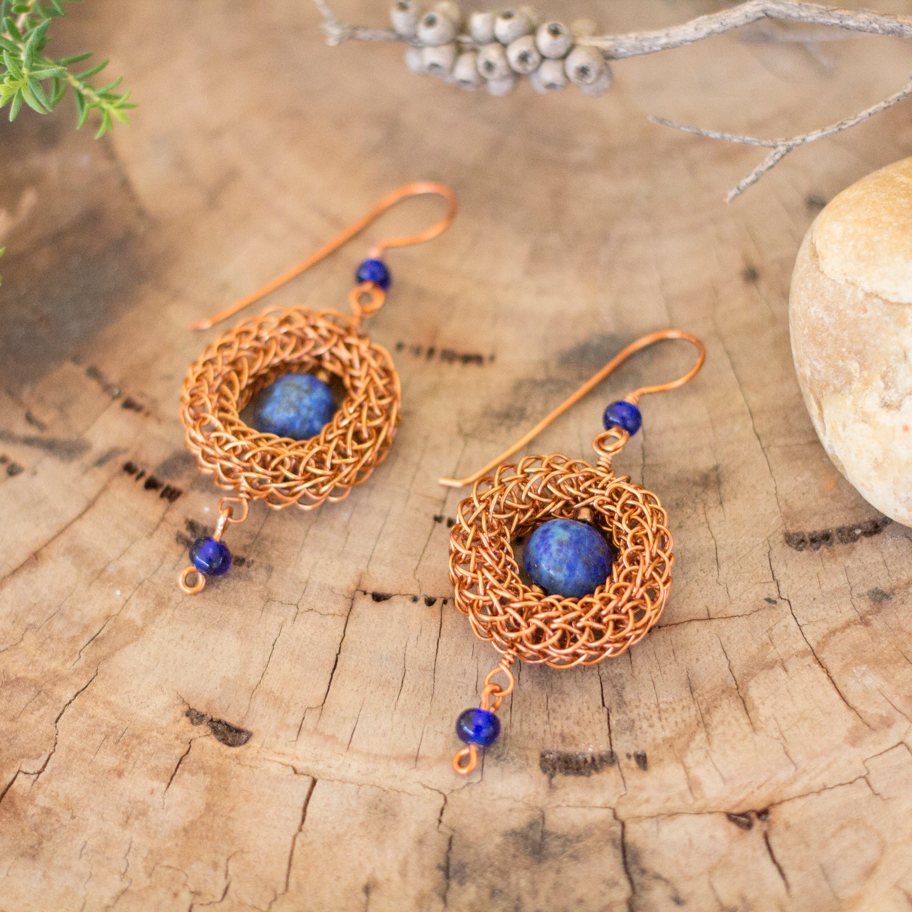 Antique Copper Viking Wire Knit Earrings with Lapis Lazuli Stones
