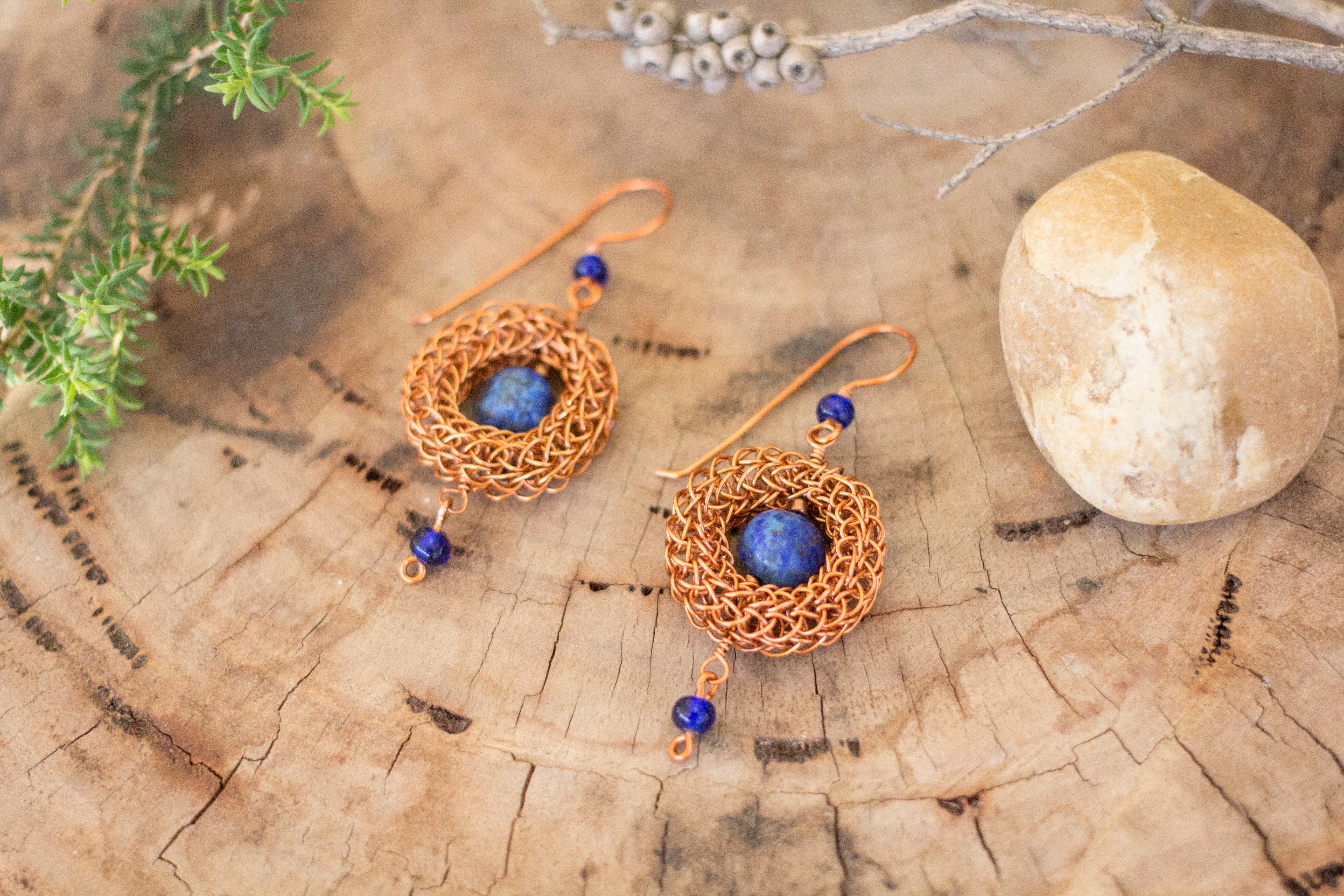 Antique Copper Viking Wire Knit Earrings with Lapis Lazuli Stones