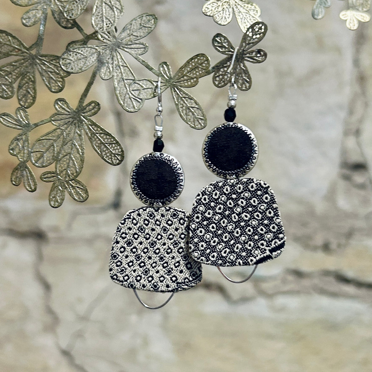 Earrings Upcycled Textile Black Beige Silver Detail - EBW-118