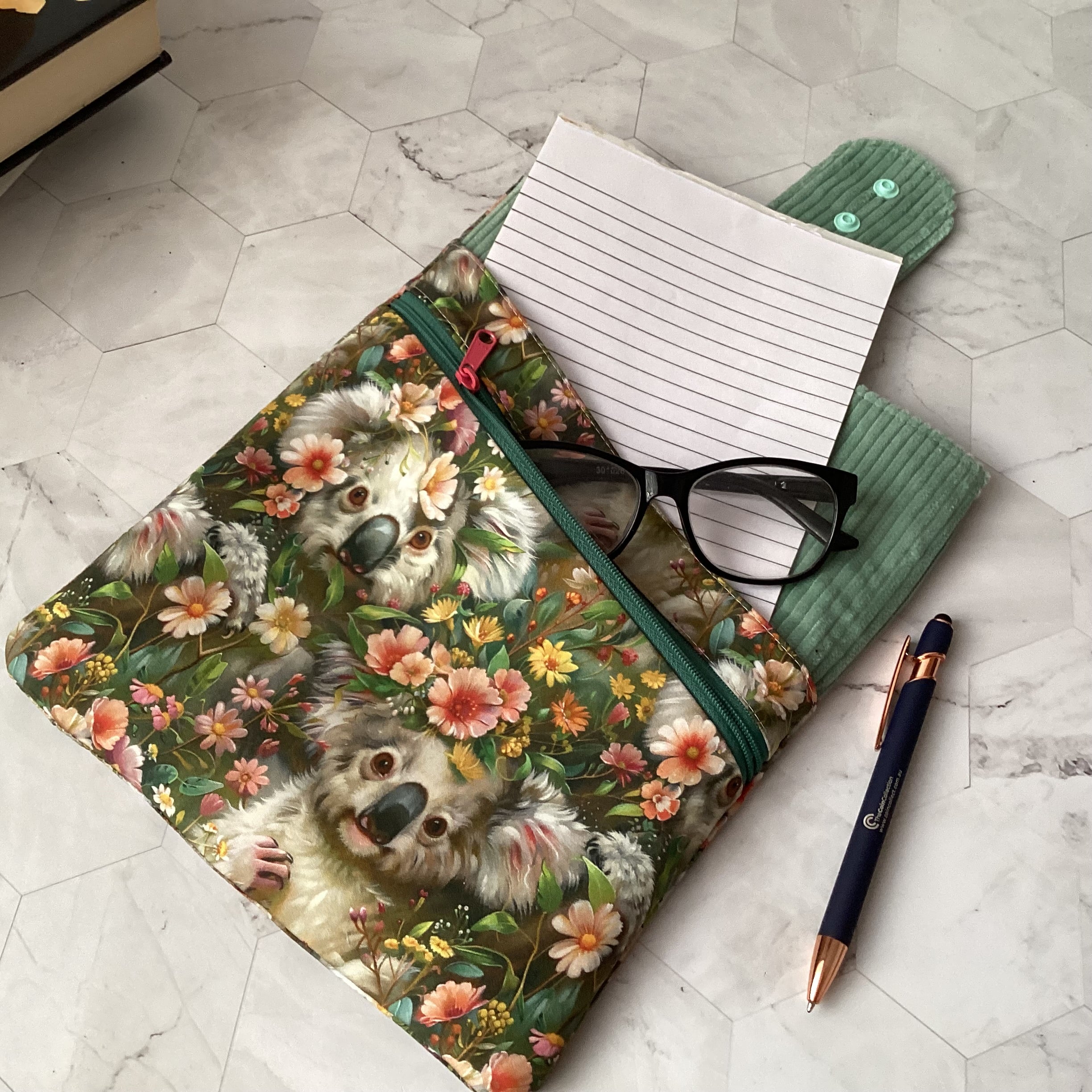 Australian Koalas book sleeve with 2 pockets. iPad, tablet pouch