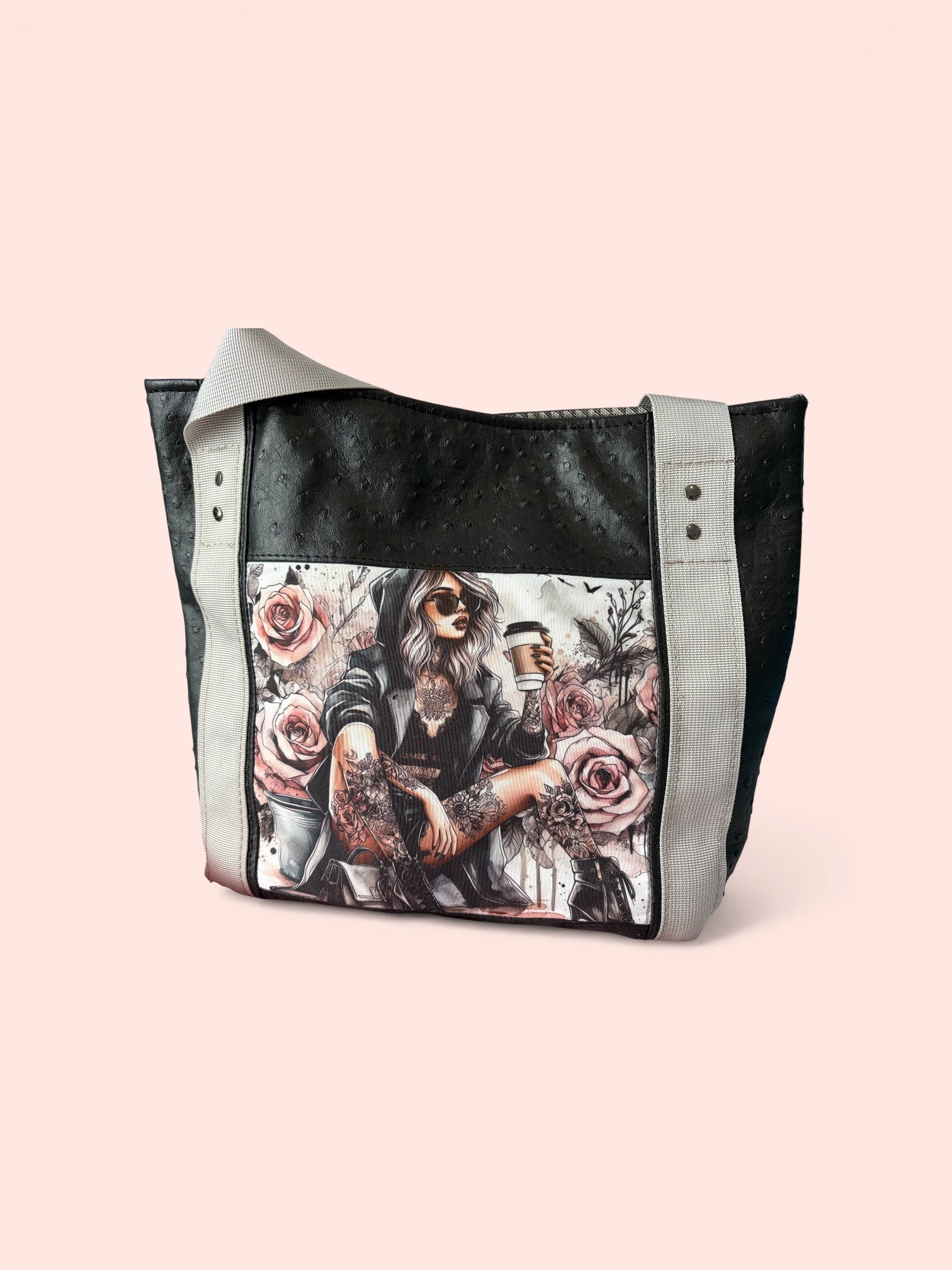 Black Ostrich Faux Leather with Tattooed Woman Tote