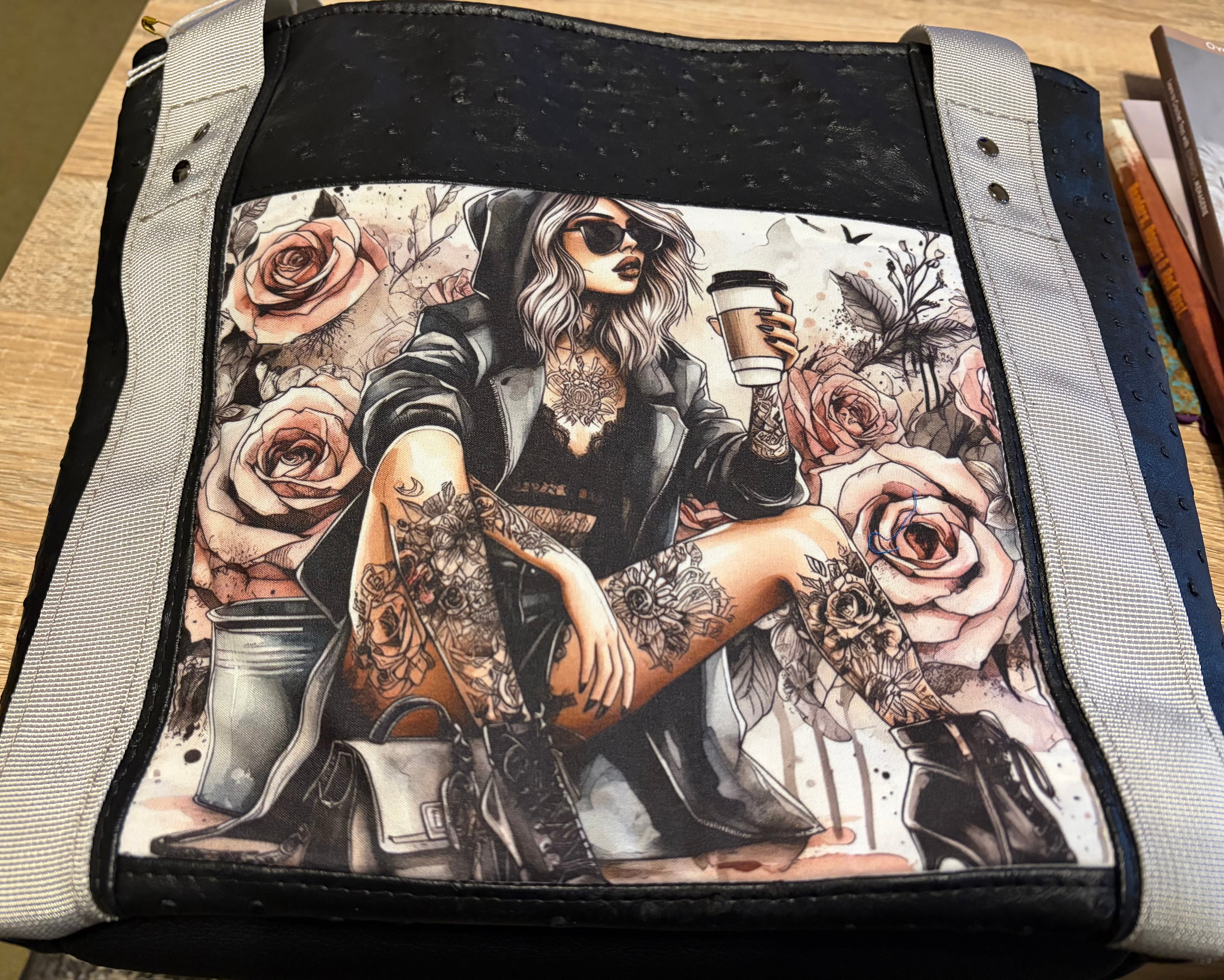 Black Ostrich Faux Leather with Tattooed Woman Tote
