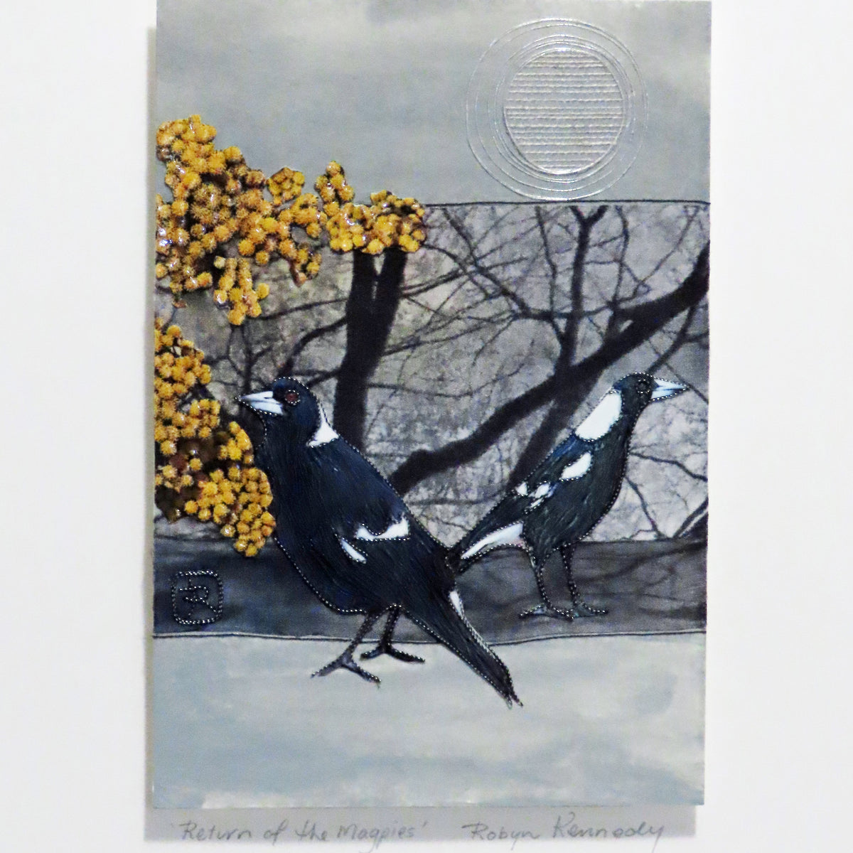 Unframed Collage Art - Magpies & Yellow Flowers