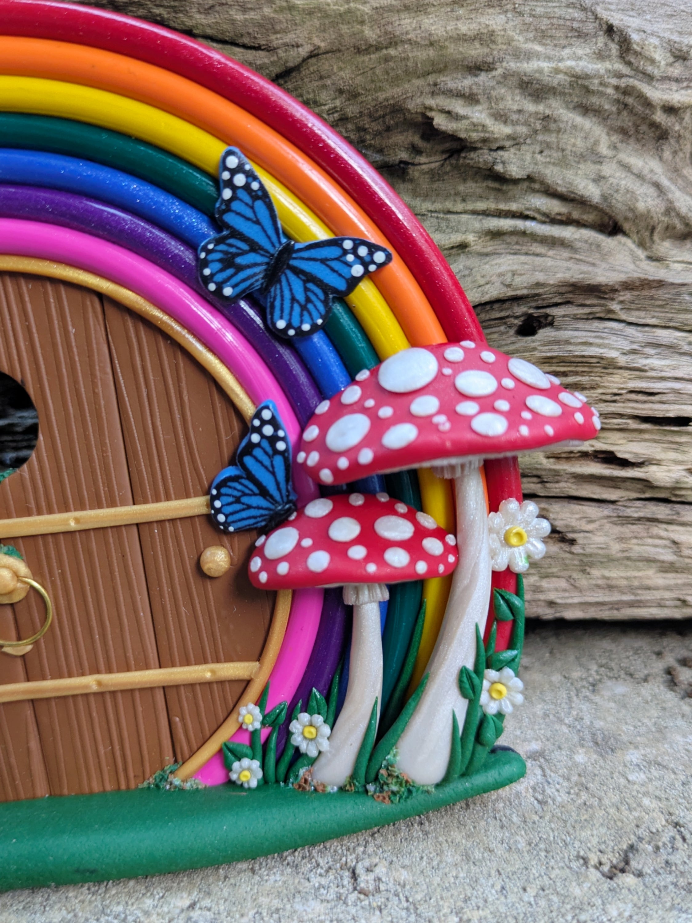Hand-Sculpted Rainbow Fairy Doors with Gnome & Fairytale Mushrooms – Two Enchanted Designs!