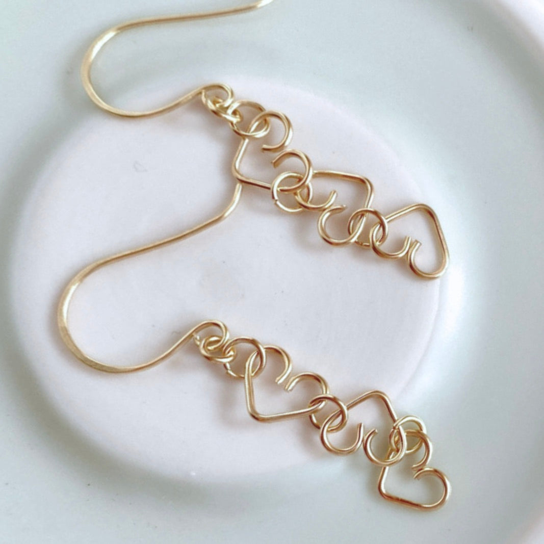 Chain of Hearts dangle earrings  | Sterling silver or Gold-filled | Birthday Valentine Anniversary gift