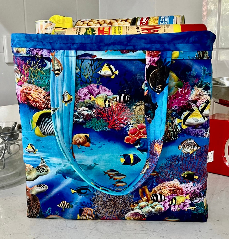 Grocery Tote .. Fish .. Lined with storage pouch