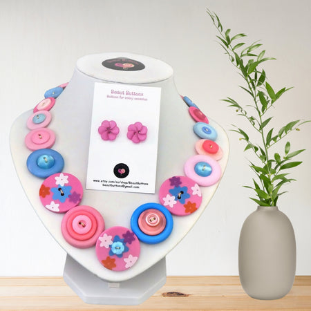 Pink flower necklace and earrings - Rosy Posy