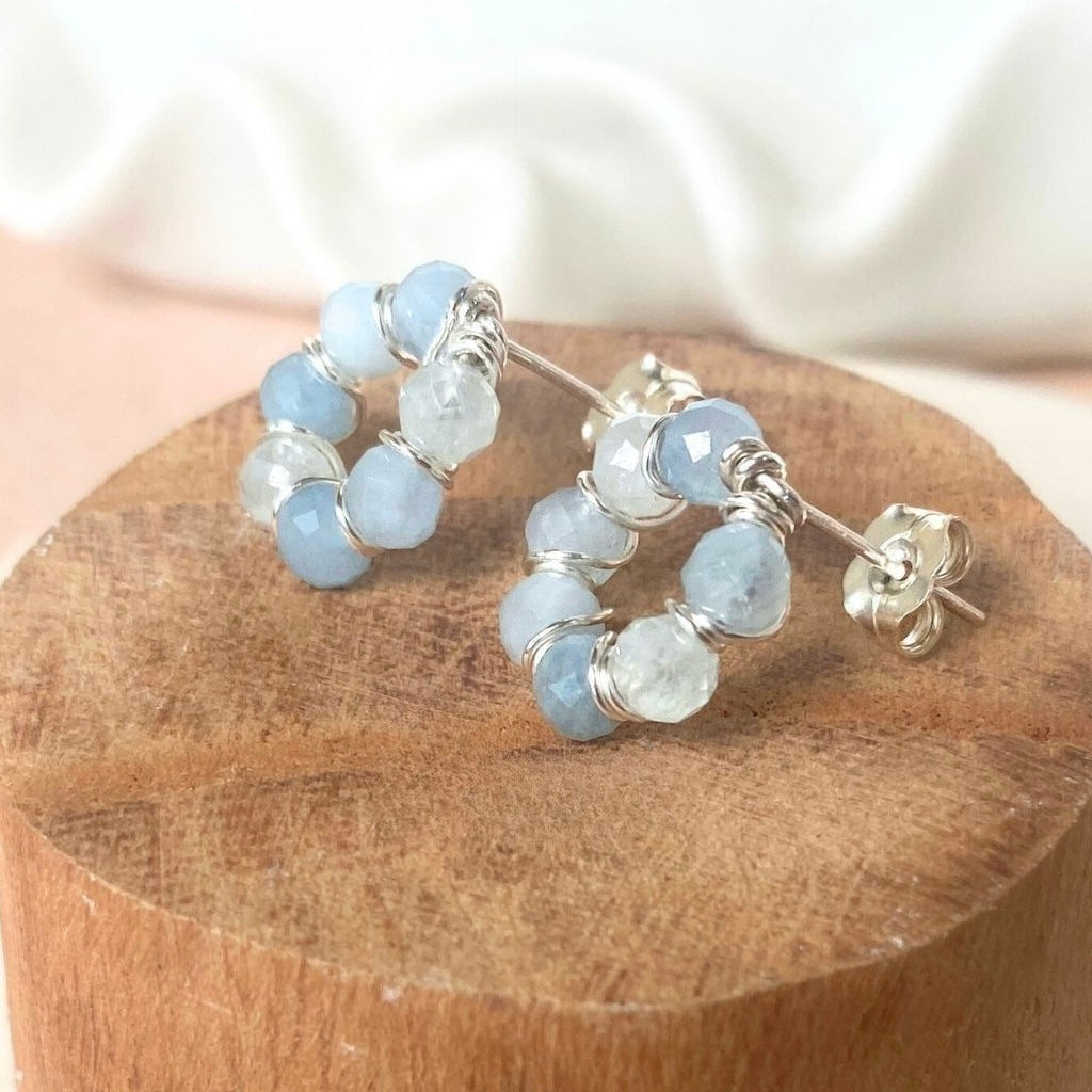 Natural aquamarine beaded stud earrings | Sterling silver | March birthstone