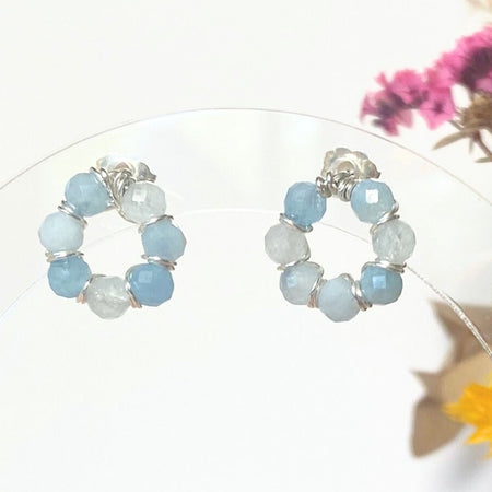 Natural aquamarine beaded stud earrings | Sterling silver | March birthstone