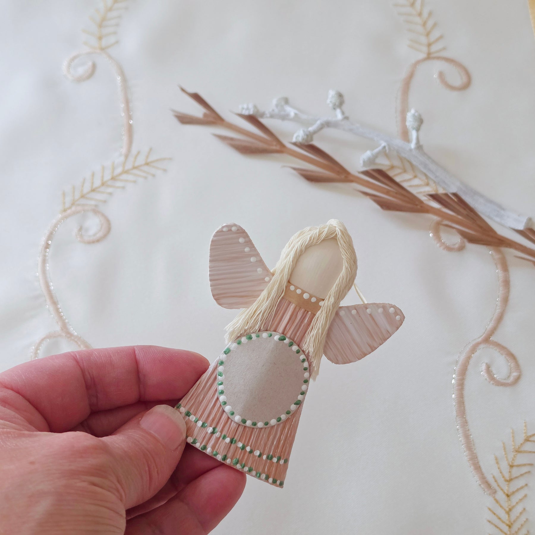 Hello - Palm Angel keepsake handmade green and white dots