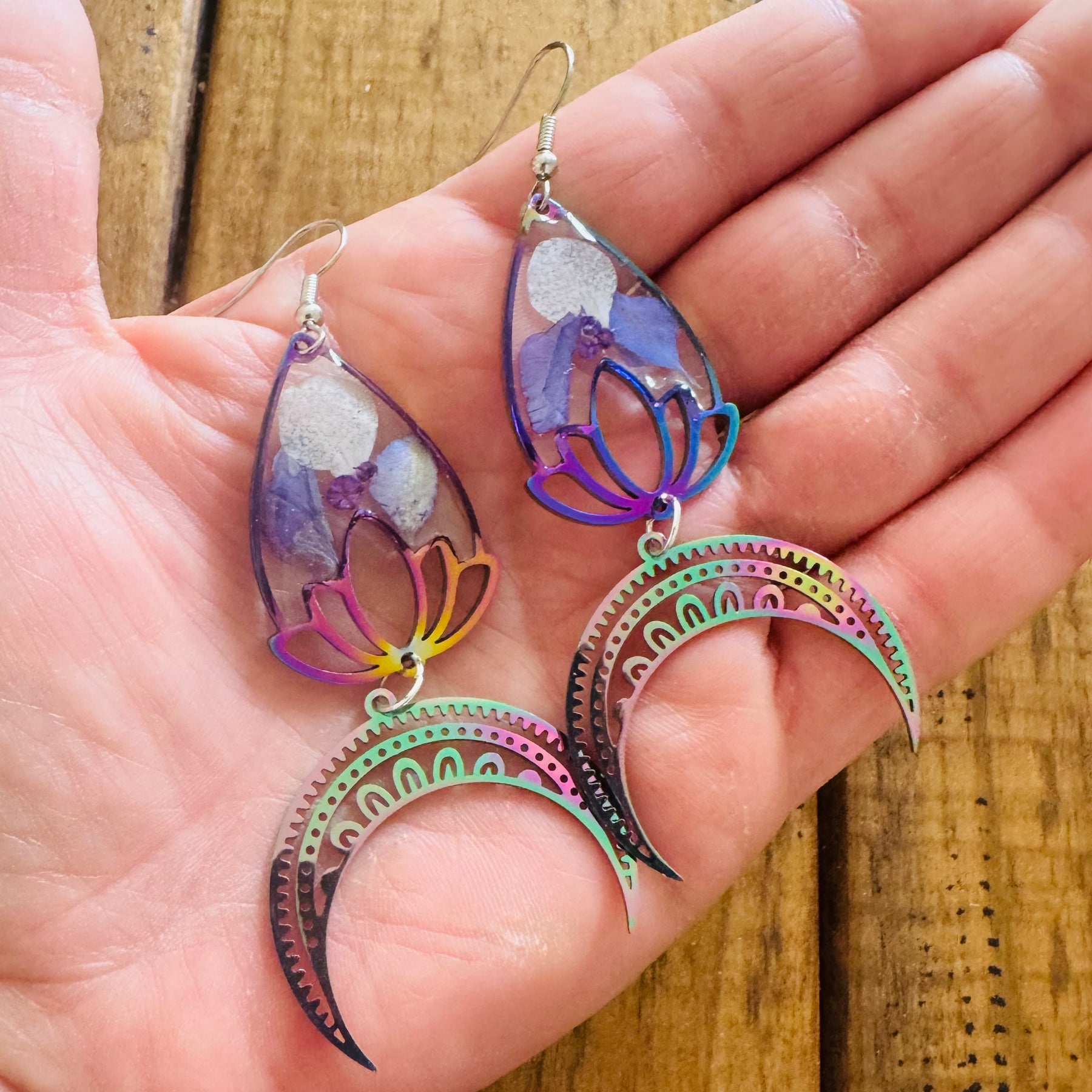 Iridescent rainbow resin earrings with pressed flowers