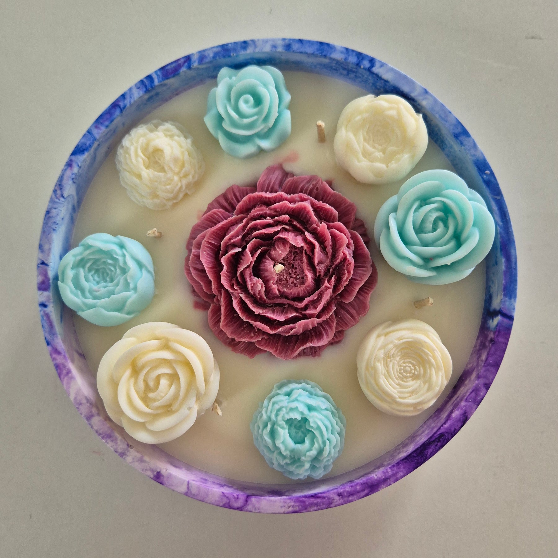 Large soy wax concrete bowl candle with burgundy peony and roses