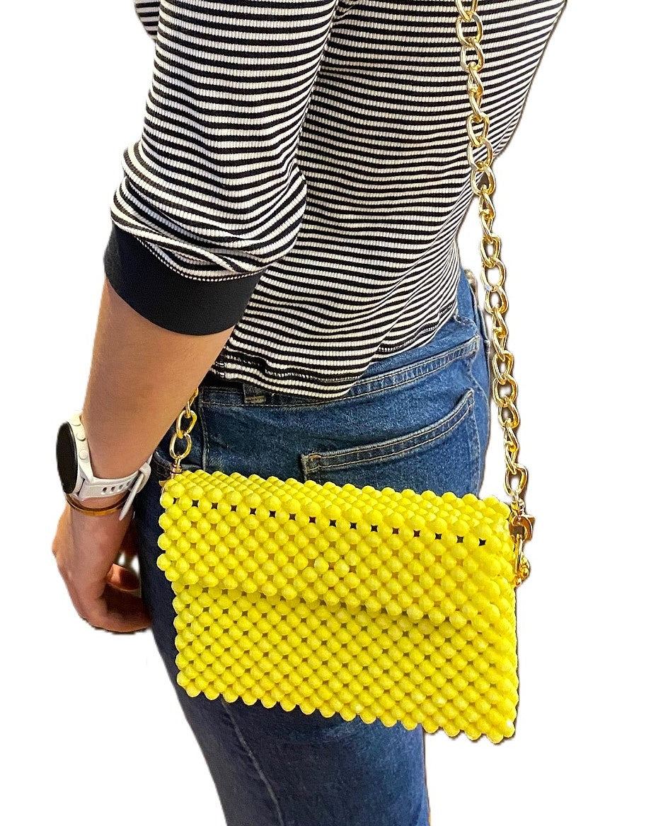 Lemon beaded clutch bag with chain