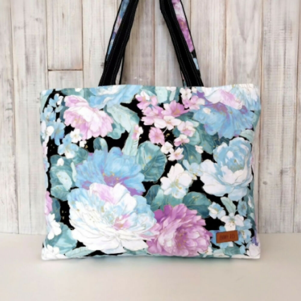 Pastel Peonies - Large handmade tote with pockets - Floral shoulder bag