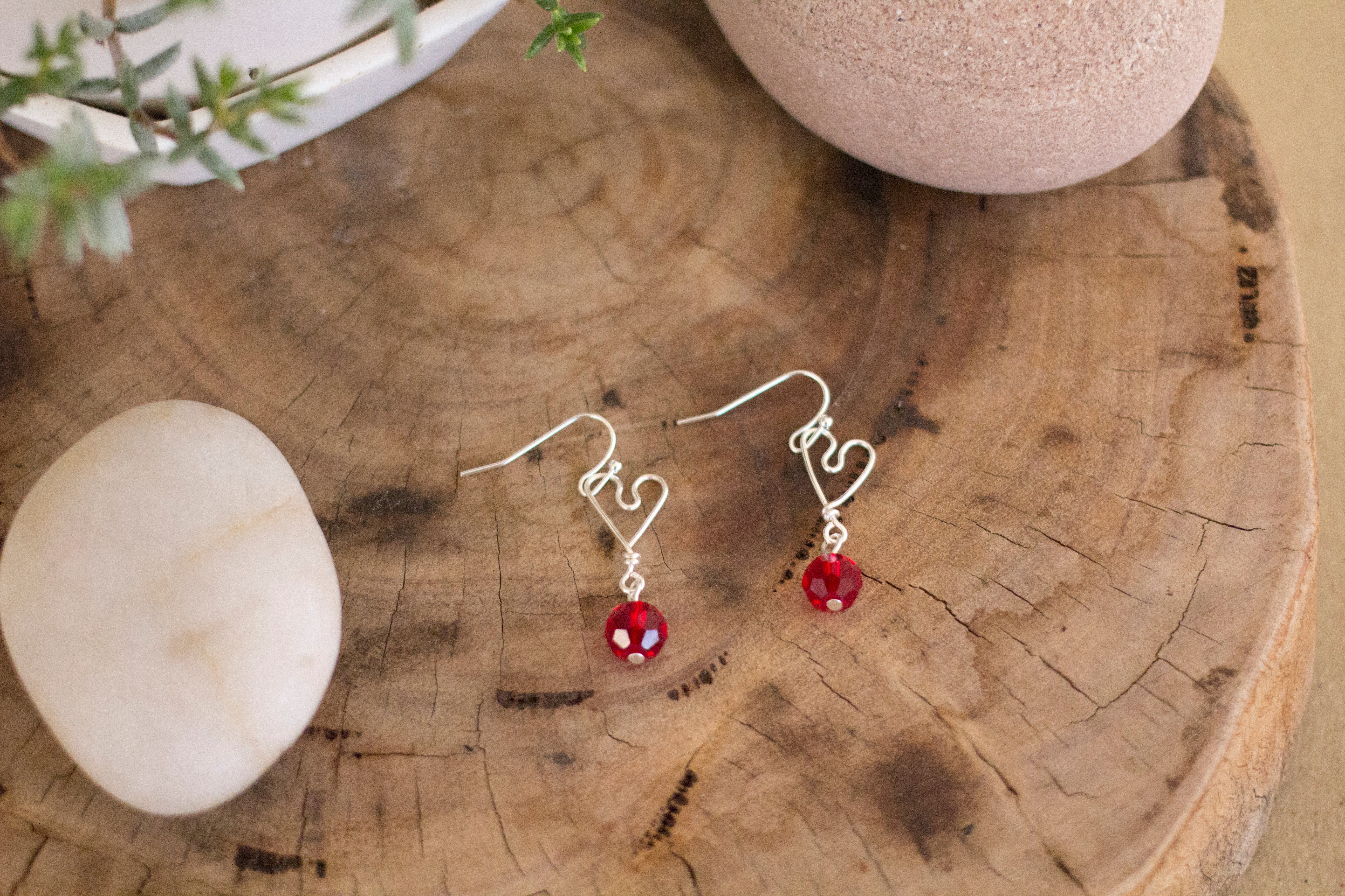 Silver Heart Earrings with Red Faceted Crystals