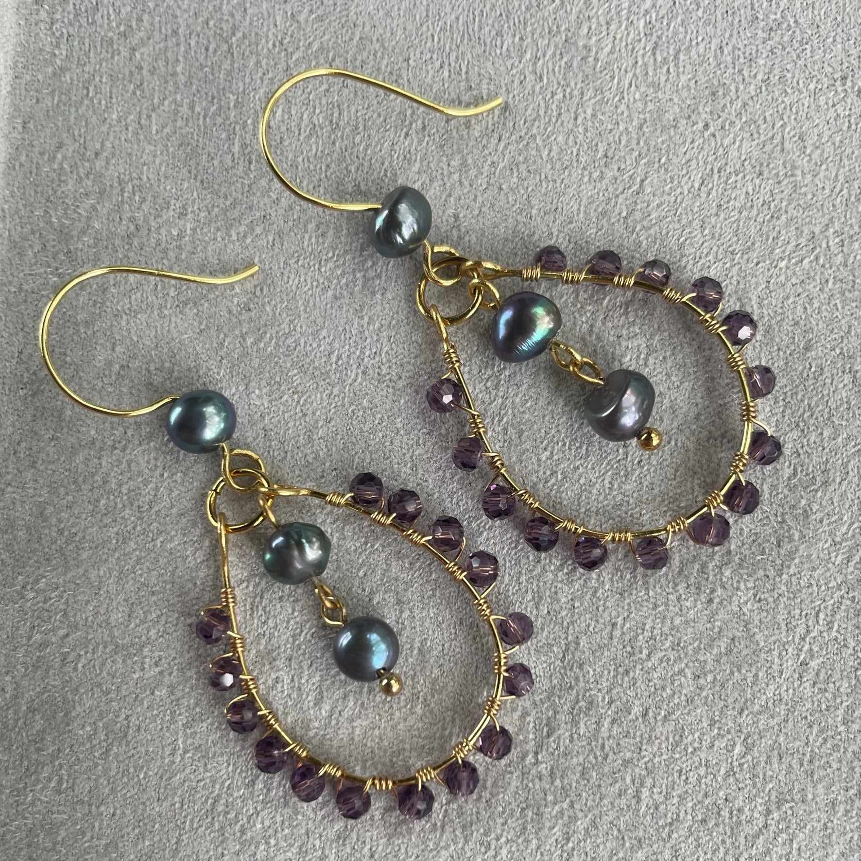Wire-wrapped purple reclaimed pearl earrings brass