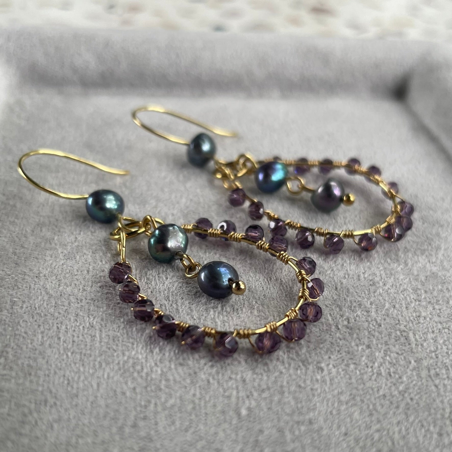 Wire-wrapped purple reclaimed pearl earrings brass
