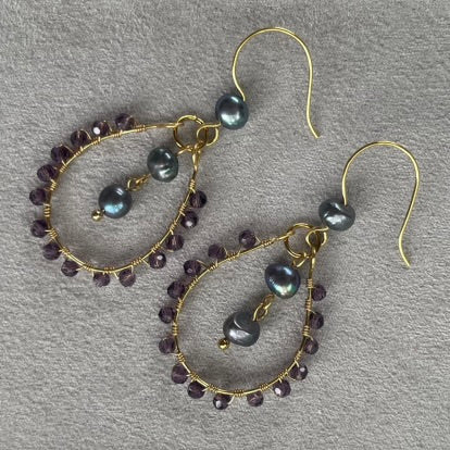 Wire-wrapped purple reclaimed pearl earrings brass