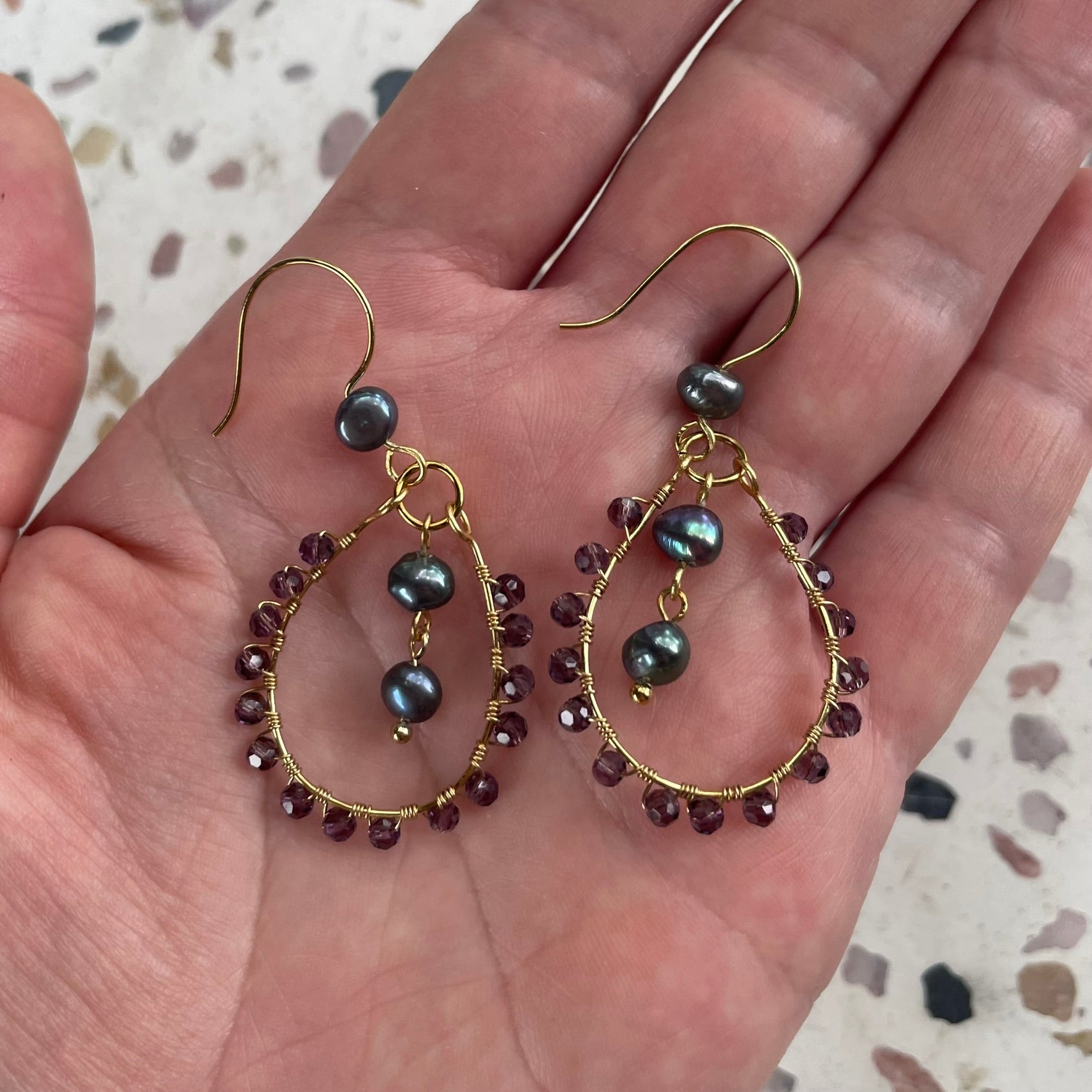 Wire-wrapped purple reclaimed pearl earrings brass