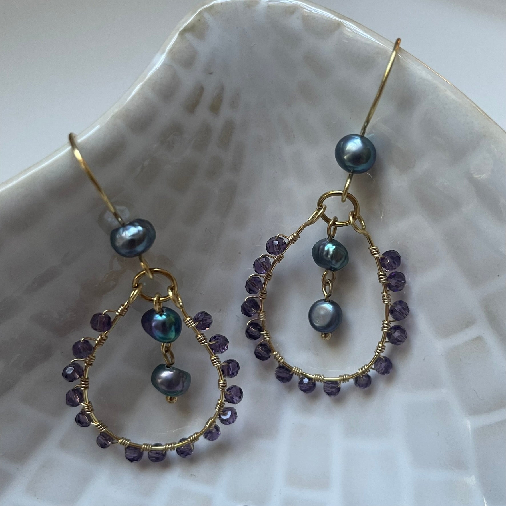 Wire-wrapped purple reclaimed pearl earrings brass