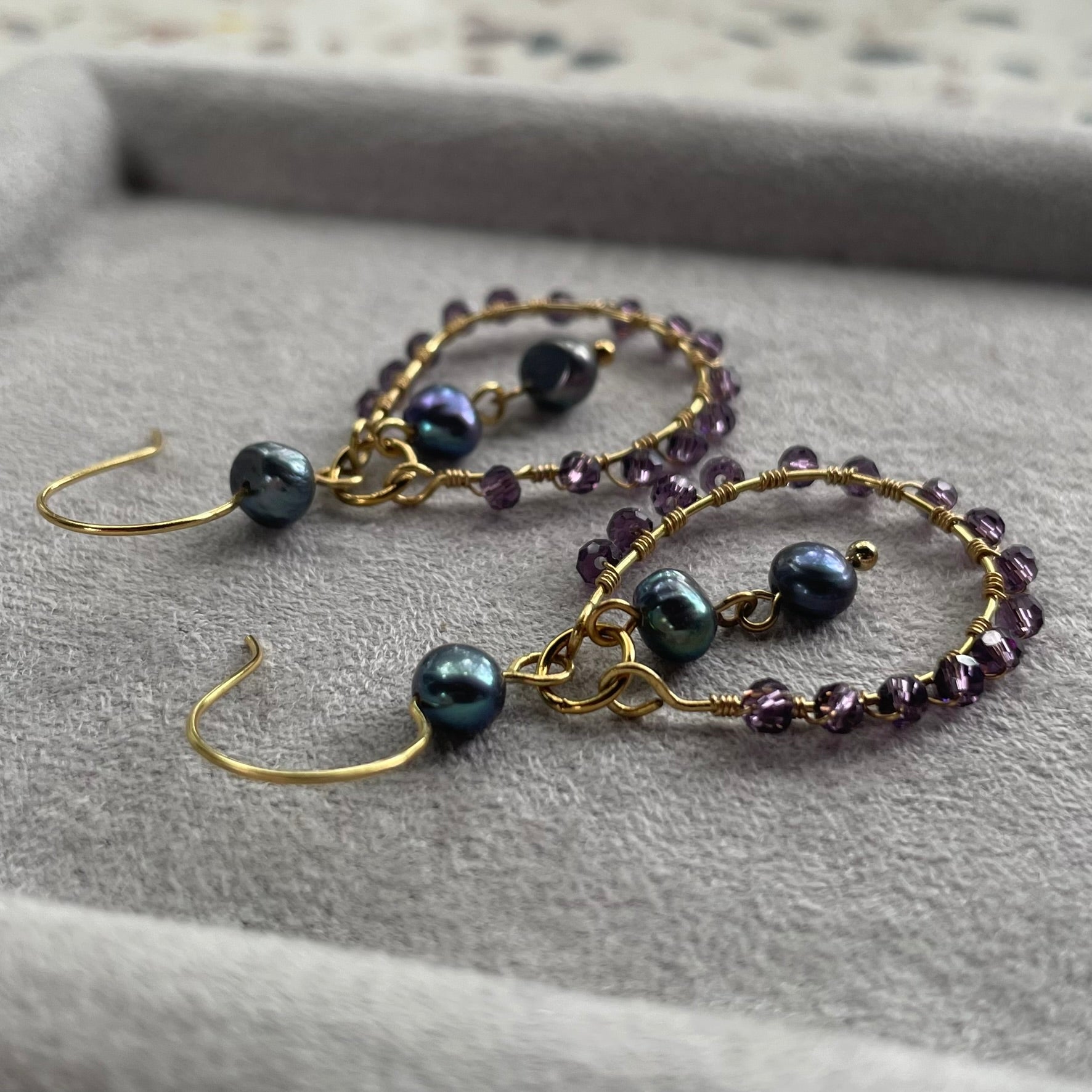 Wire-wrapped purple reclaimed pearl earrings brass