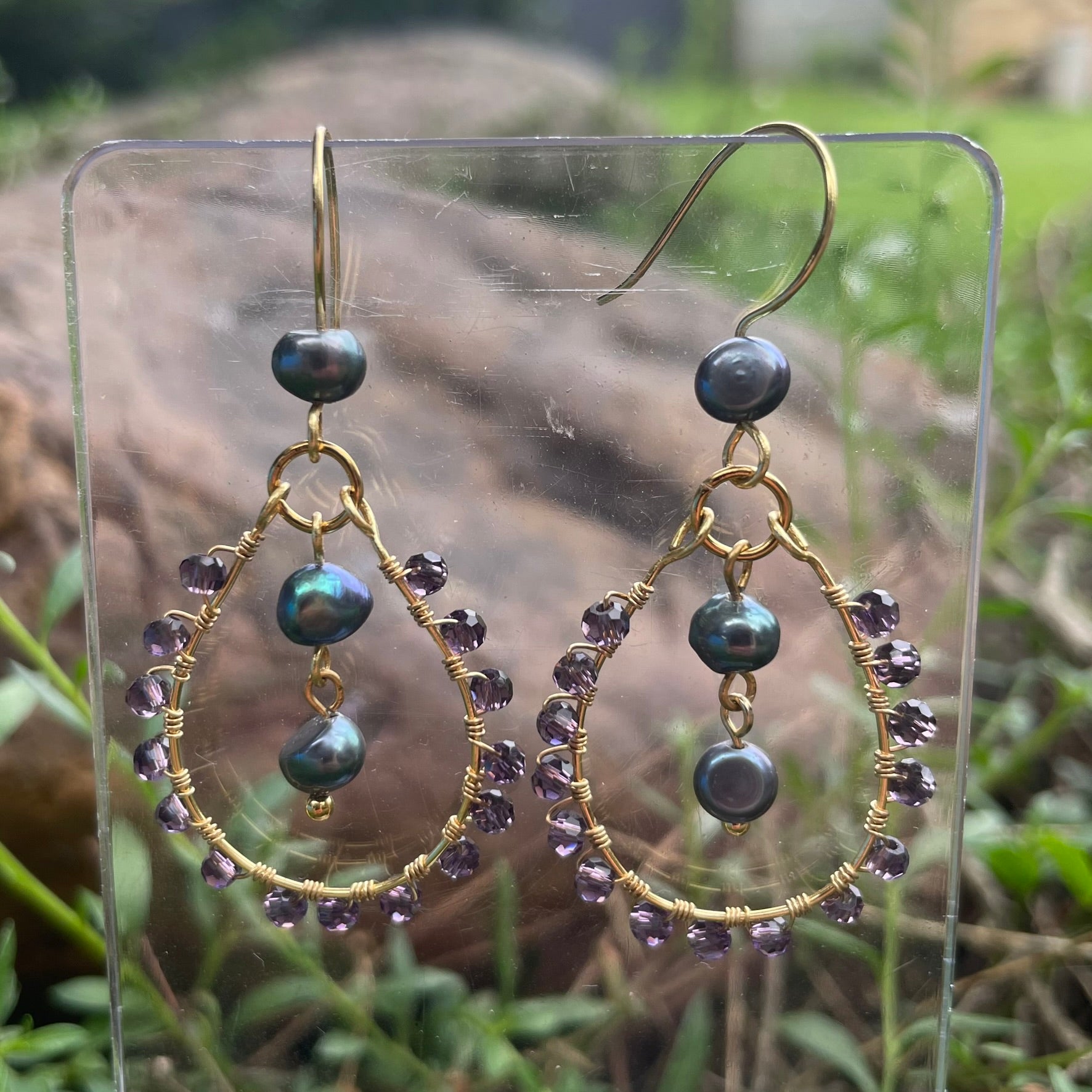 Wire-wrapped purple reclaimed pearl earrings brass
