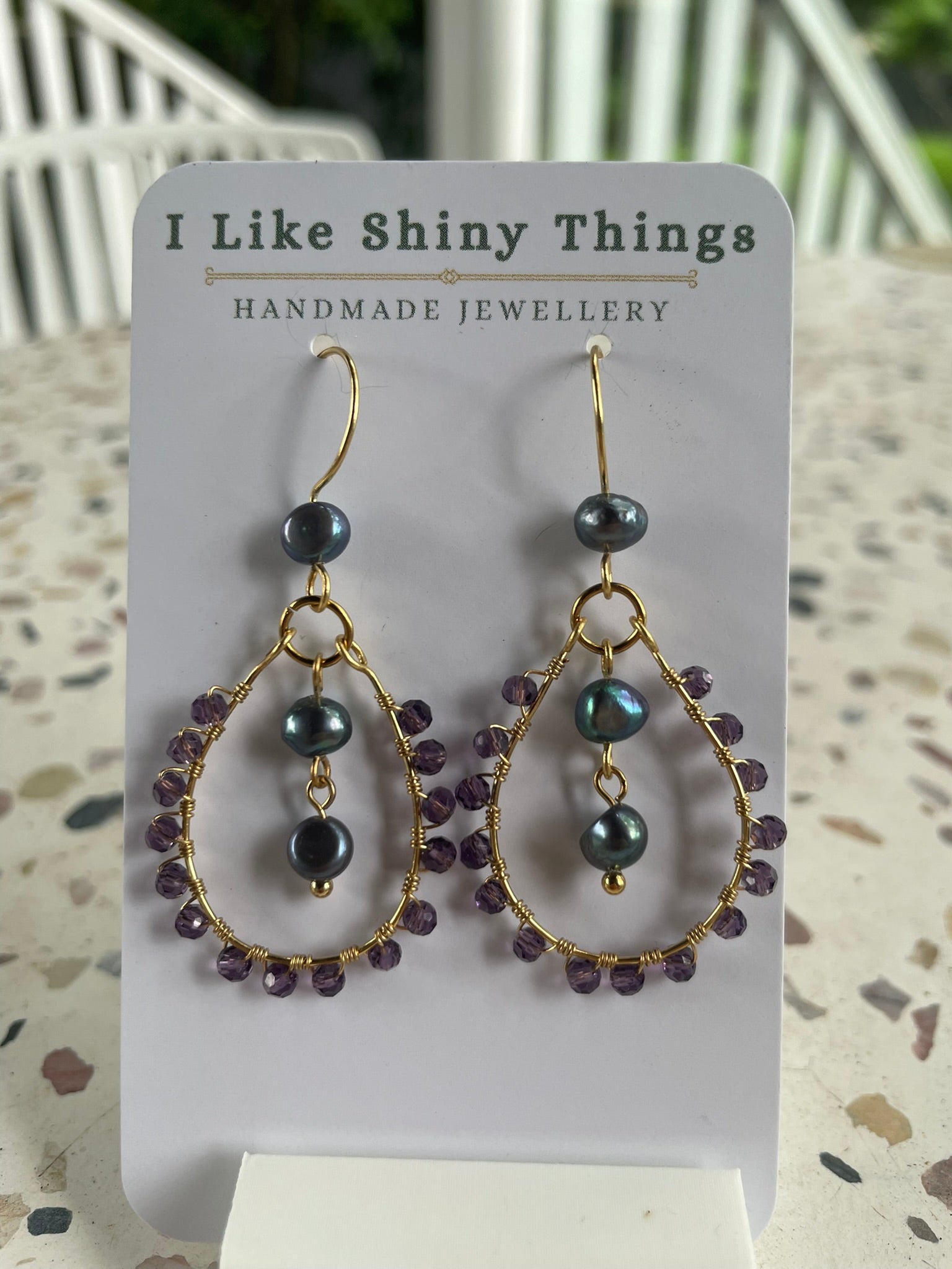 Wire-wrapped purple reclaimed pearl earrings brass