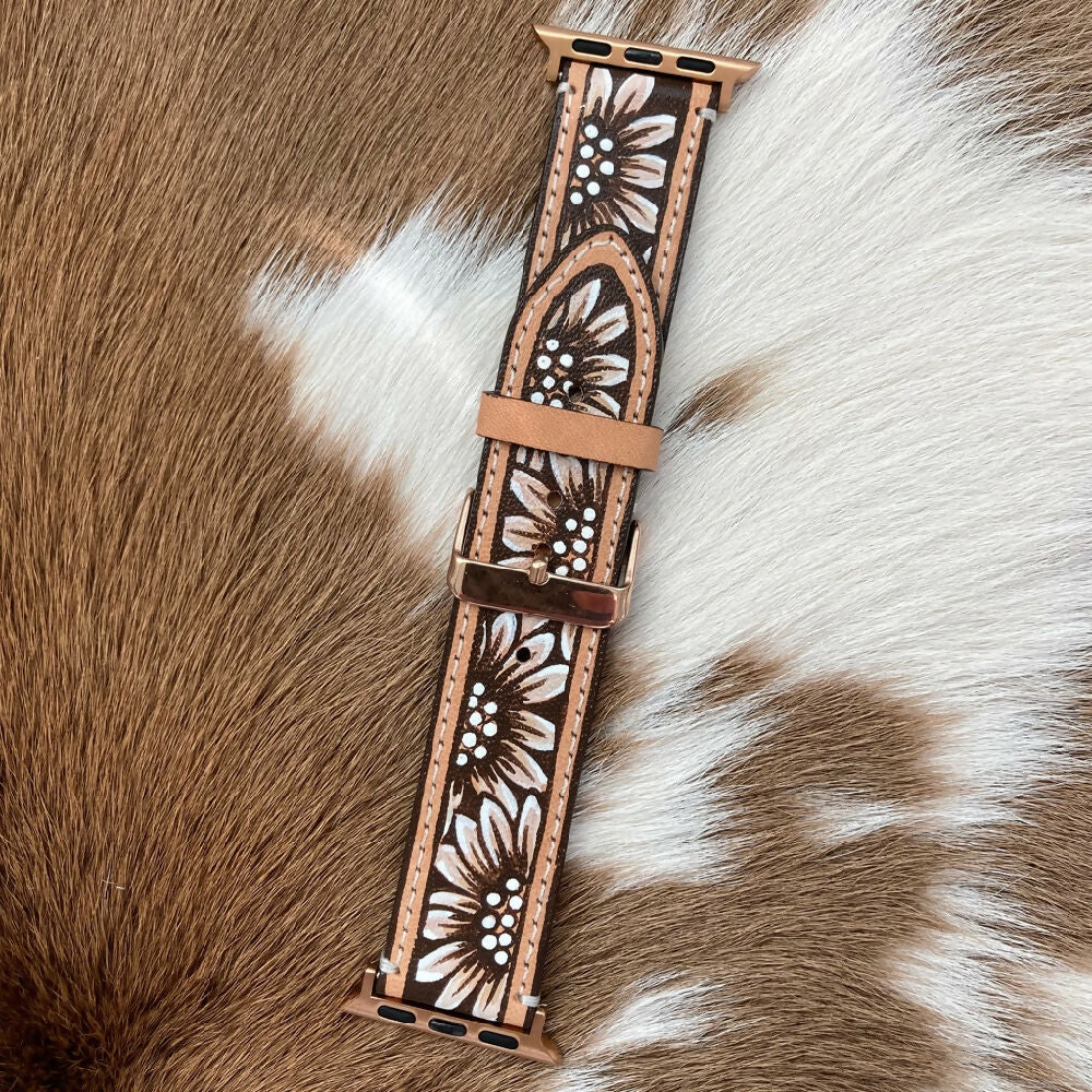 Leather Apple Watch band - brown sunflowers