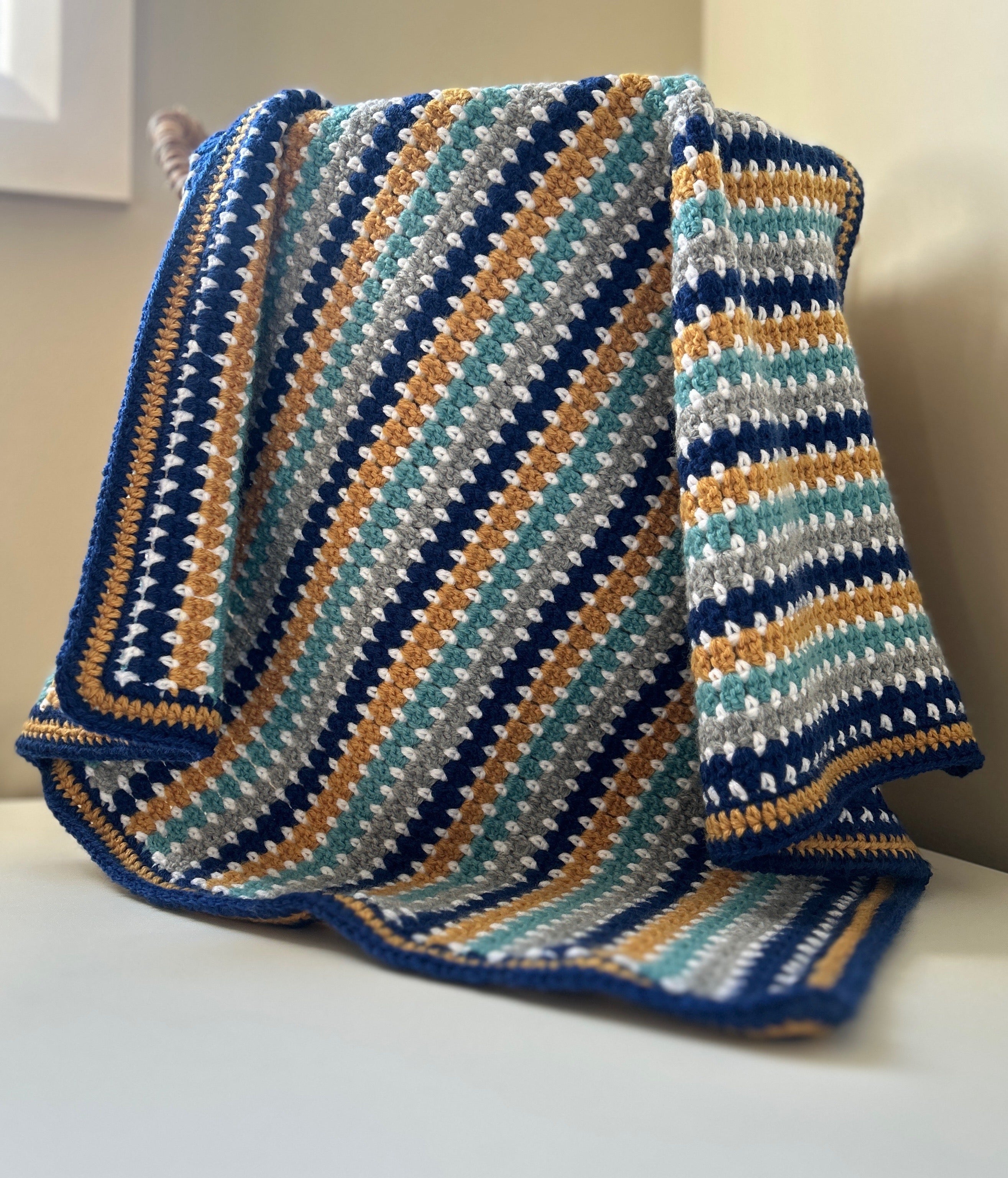 Little Adventurer – Handmade Crochet Baby Blanket | Navy, Sage, Grey & Mustard, Gender Neutral Baby Gift
