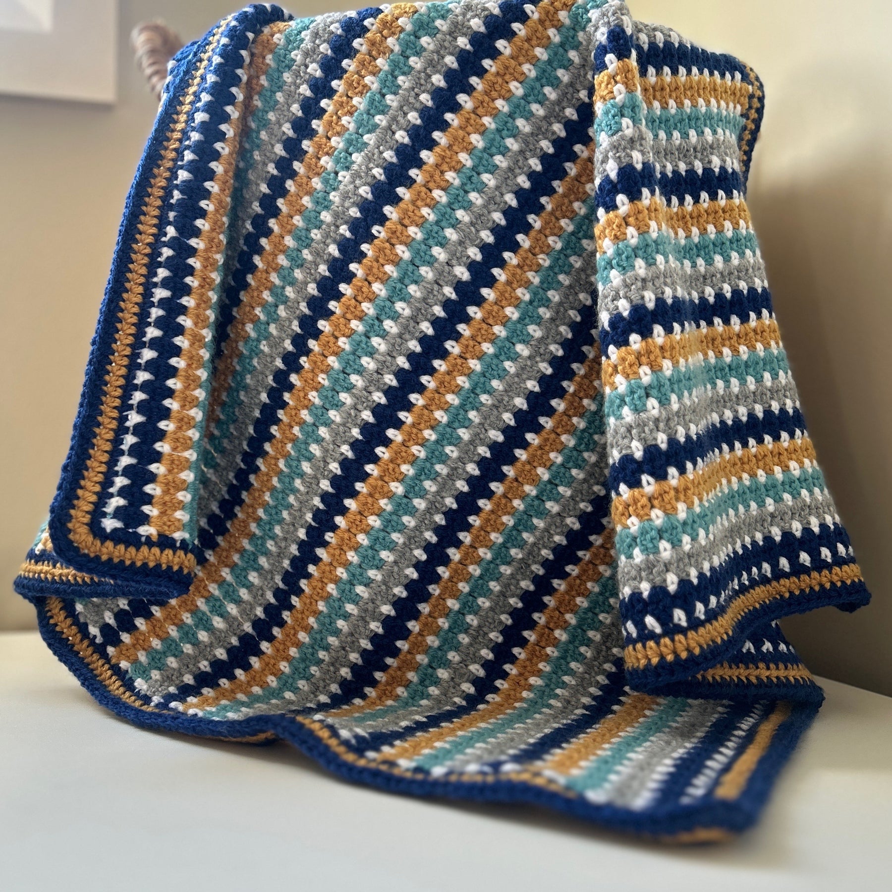 Little Adventurer – Handmade Crochet Baby Blanket | Navy, Sage, Grey & Mustard, Gender Neutral Baby Gift