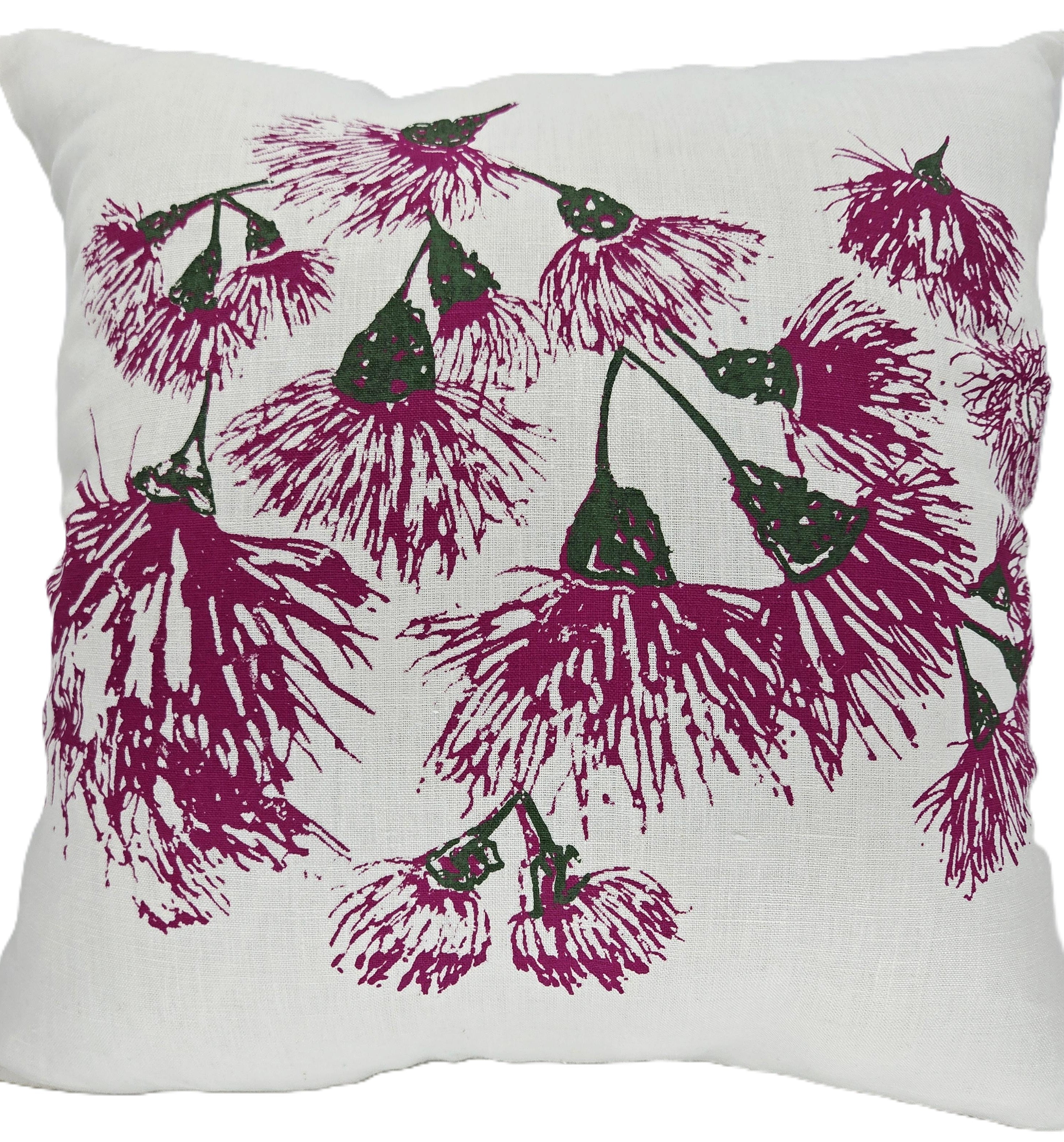 Hand Screen Printed Linen Cushion Covers-Eucalypt Blossoms Festive