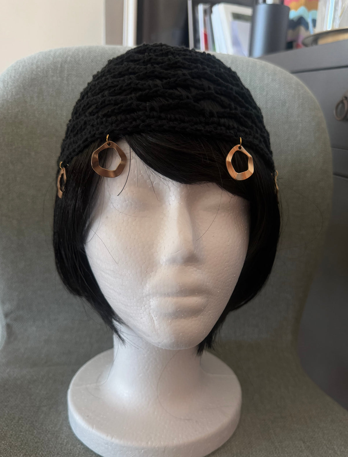 Handmade Black Crochet Hat with Gold Charms
