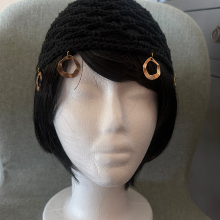Handmade Black Crochet Hat with Gold Charms
