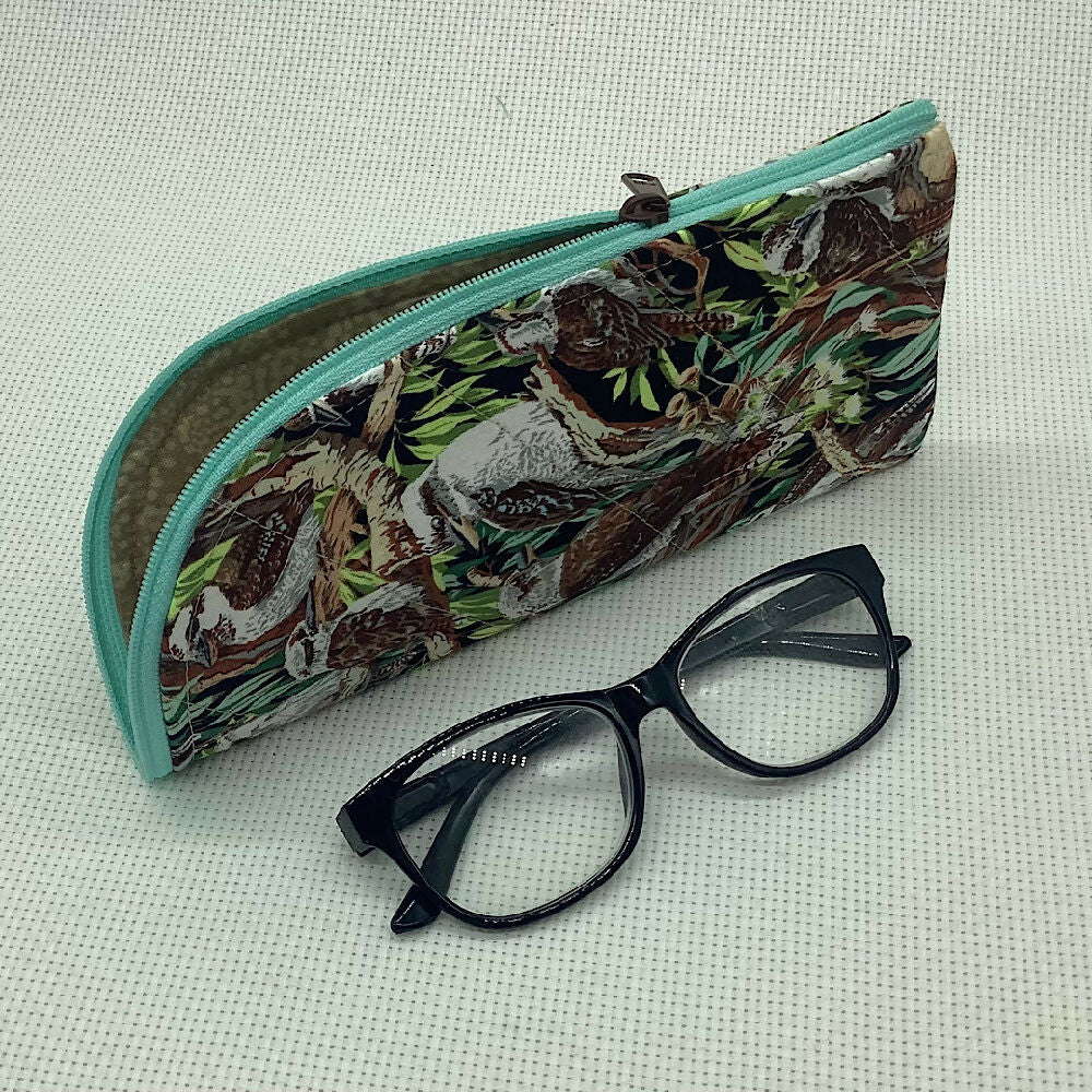 Australian Kookaburras curved top zip pouch for glasses, phones, handbag organiser, etc.