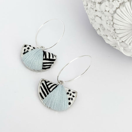 Modern hand-embroidered spots and stripes hoop earrings in silver