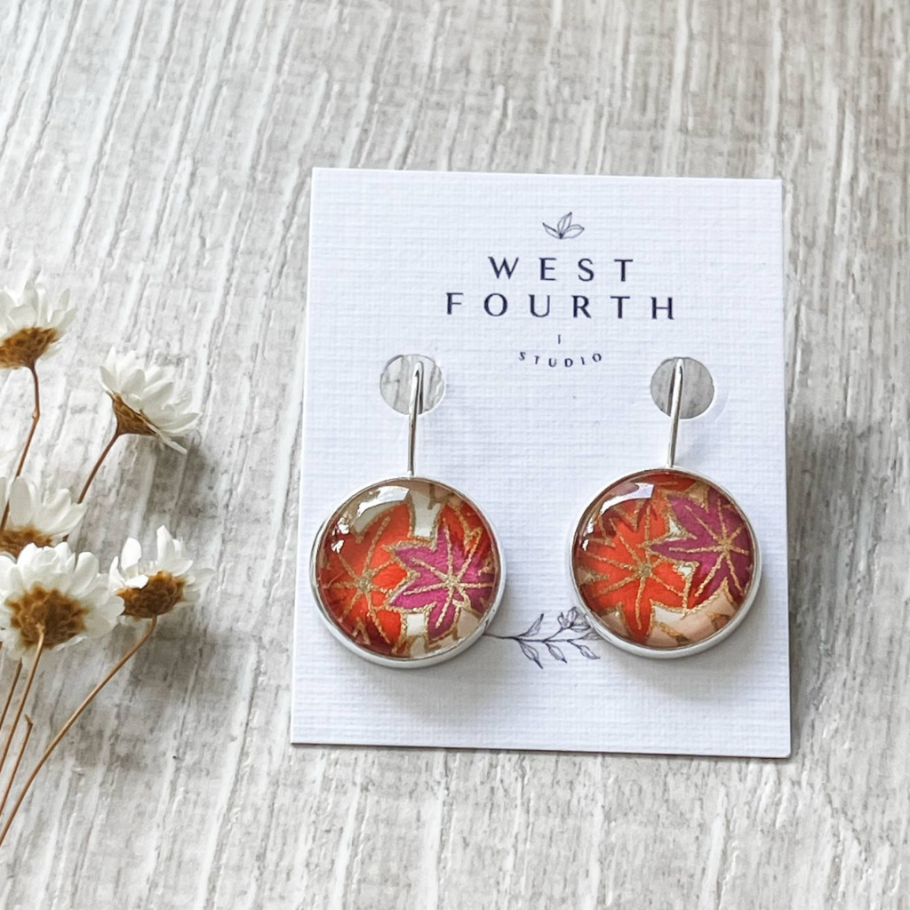 Orange Earrings Handmade with a Leaf Pattern from Origami Papers