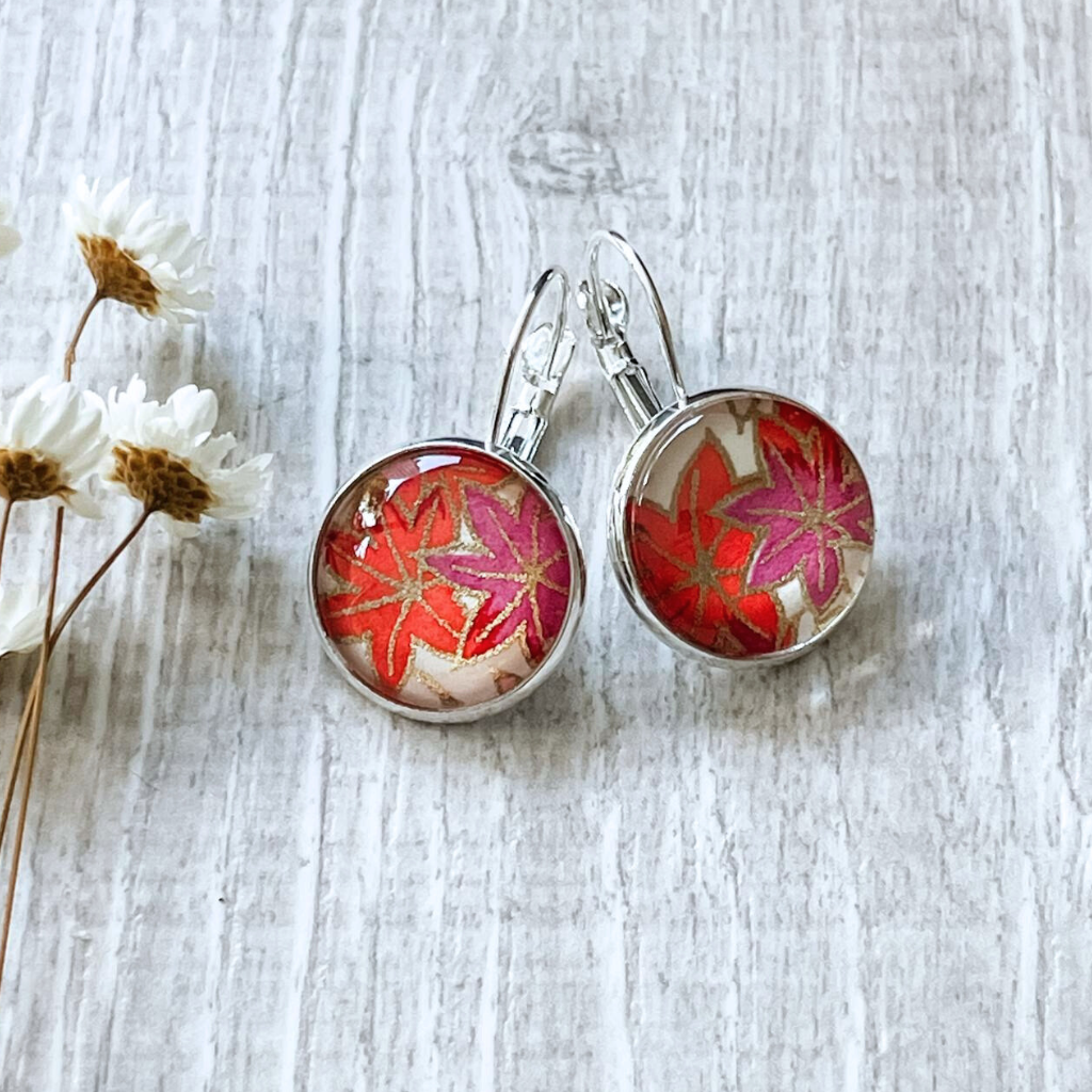 Orange Earrings Handmade with a Leaf Pattern from Origami Papers