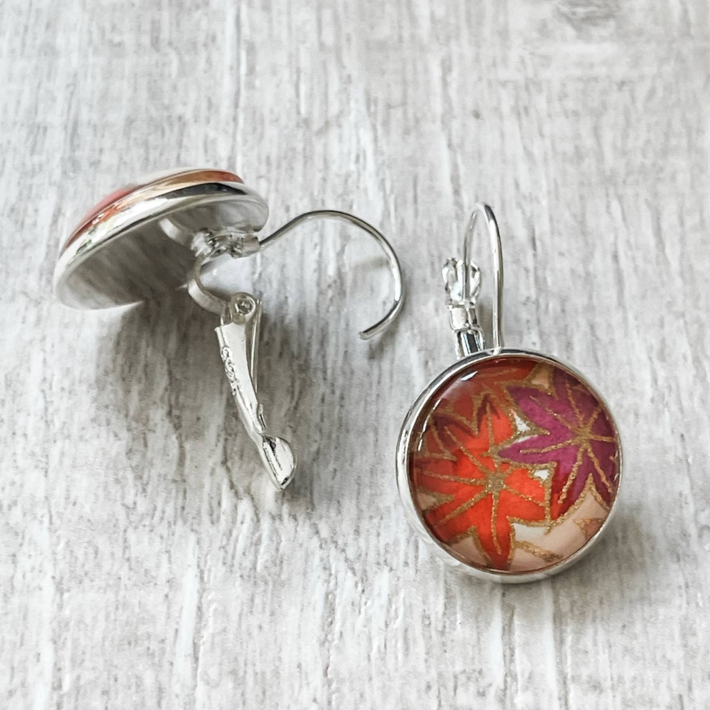 Orange Earrings Handmade with a Leaf Pattern from Origami Papers