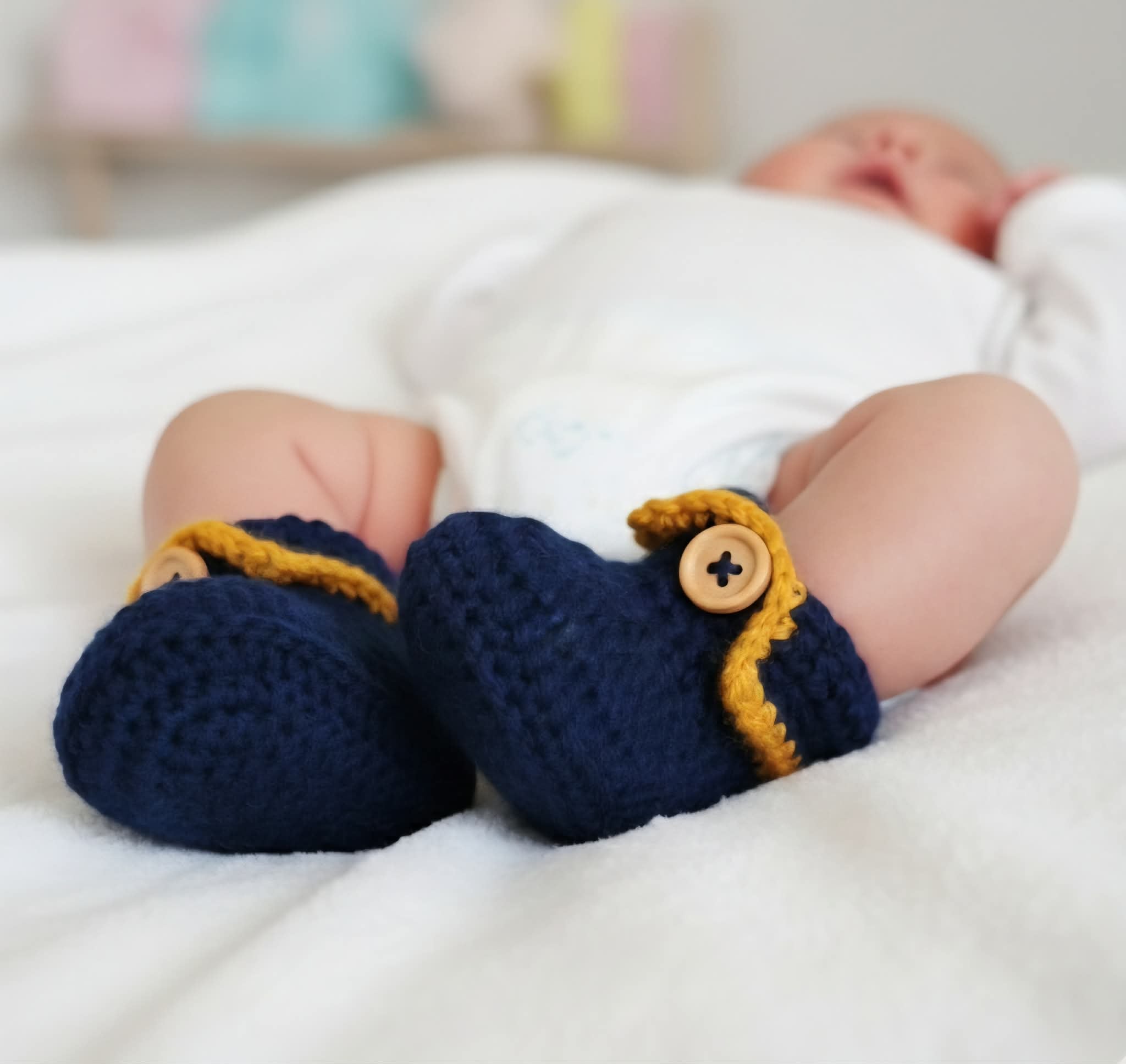 Baby Booties Navy Blue & Mustard Newborn Crochet Knit Shoes Socks