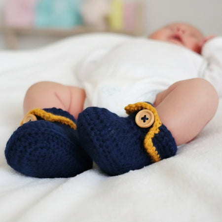 Baby Booties Navy Blue & Mustard Newborn Crochet Knit Shoes Socks