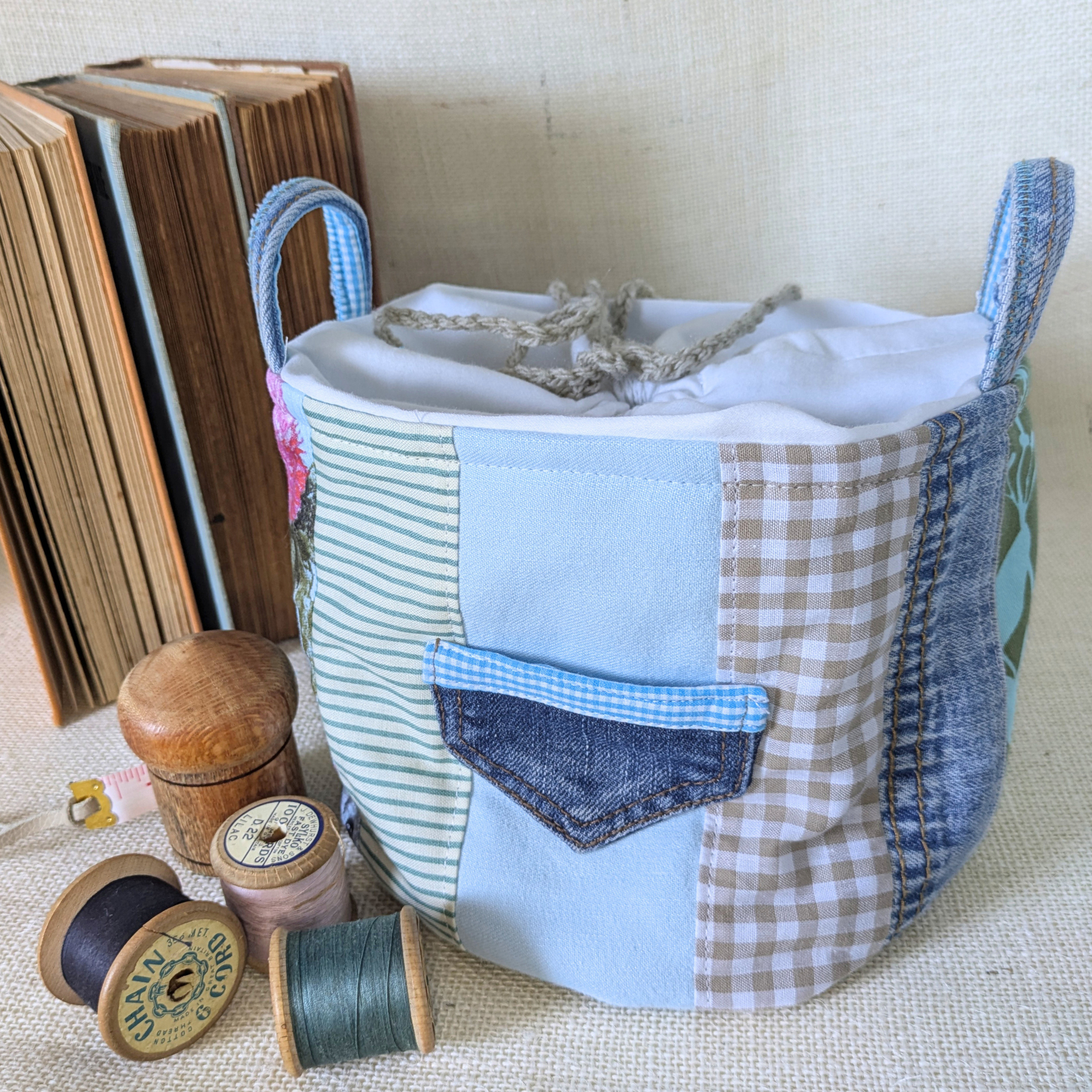 Project Bag Upcycled Denim, Craft Storage, Pastel Blue Green, Small